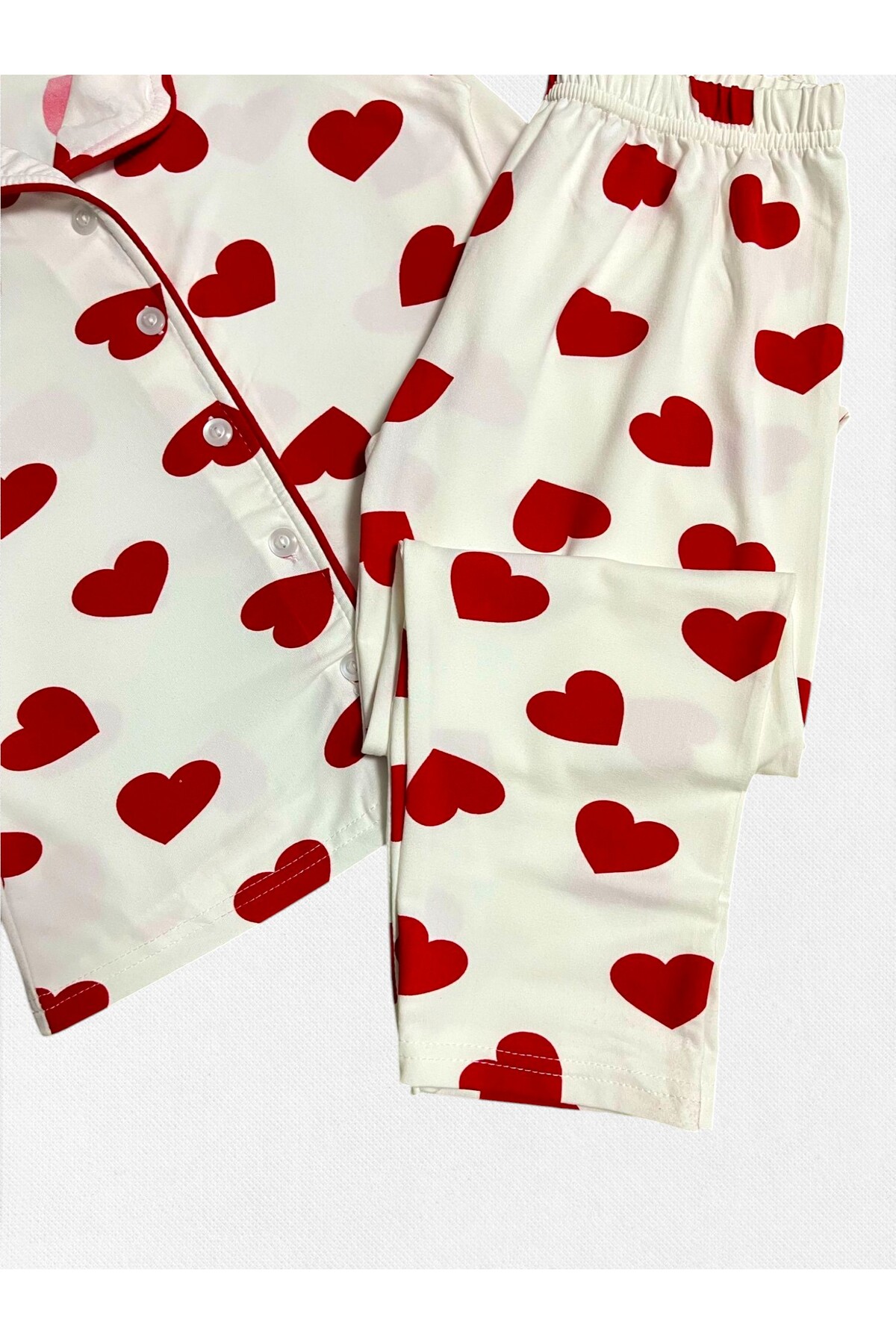 Fil Kids Kız Çocuk %100 Pamuklu Beyaz Kalp Desenli Gömlek Yaka Düğmeli Uzun Kollu Mevsimlik Pijama Takımı fotoğrafı 3 (önizleme)