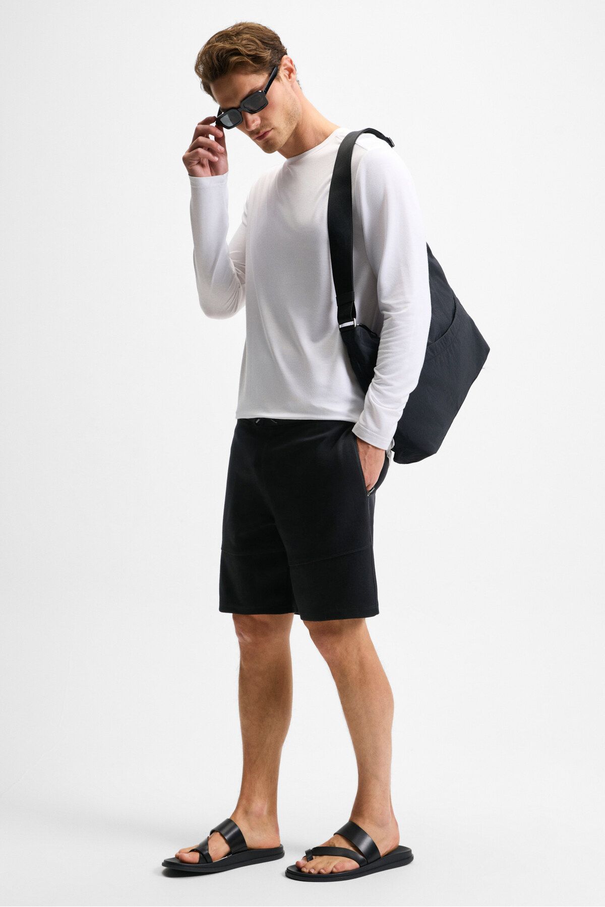 GRIMELANGE-Men's Relaxed Fit Black Shorts & Bermuda with Elastic Waist Drawcord Side Zipper Pockets 5