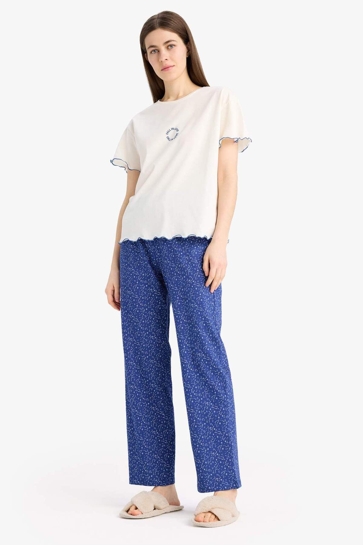 DeFacto-Set pijamale cu mânecă scurtă Top cu talie elastică Long Six In Love E0274ax25sp 2