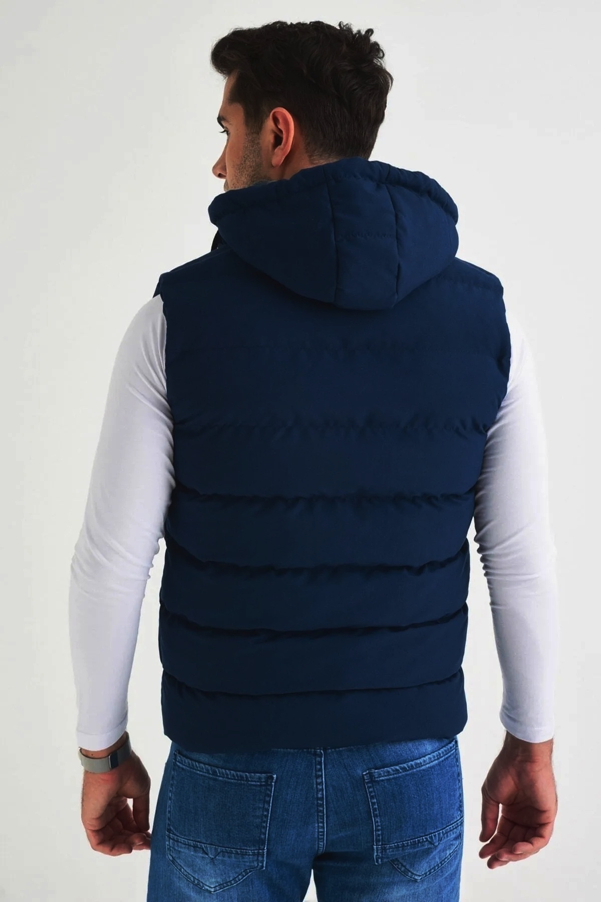 DYNAMO-Men's Navy Blue Plus Size Hooded Fleece Lined Puffer Vest 3