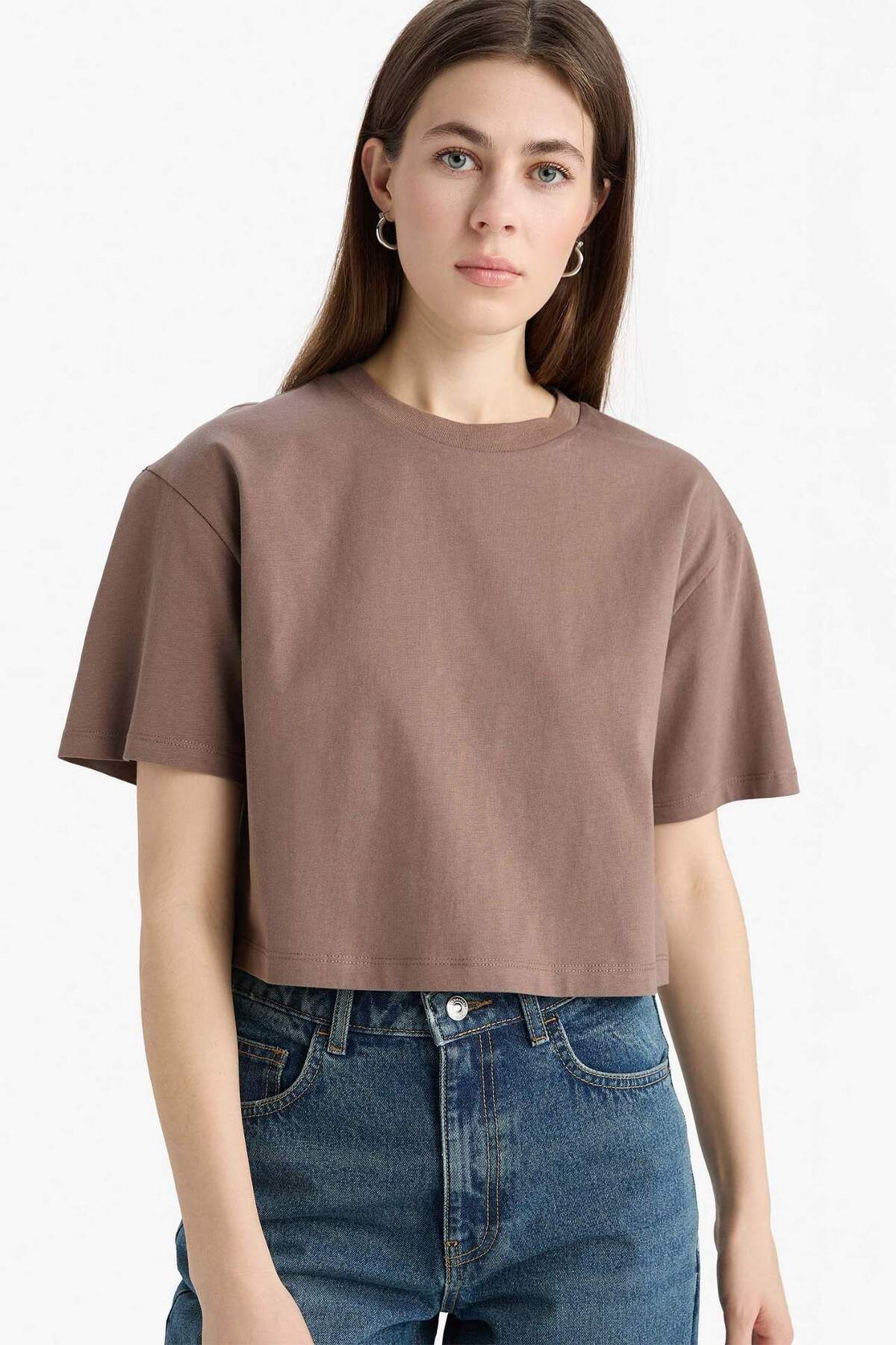 DeFacto-Boxy Fit Crew Neck Basic Plain Combed Cotton Short Sleeve T-Shirt C7459Ax25Sm 4