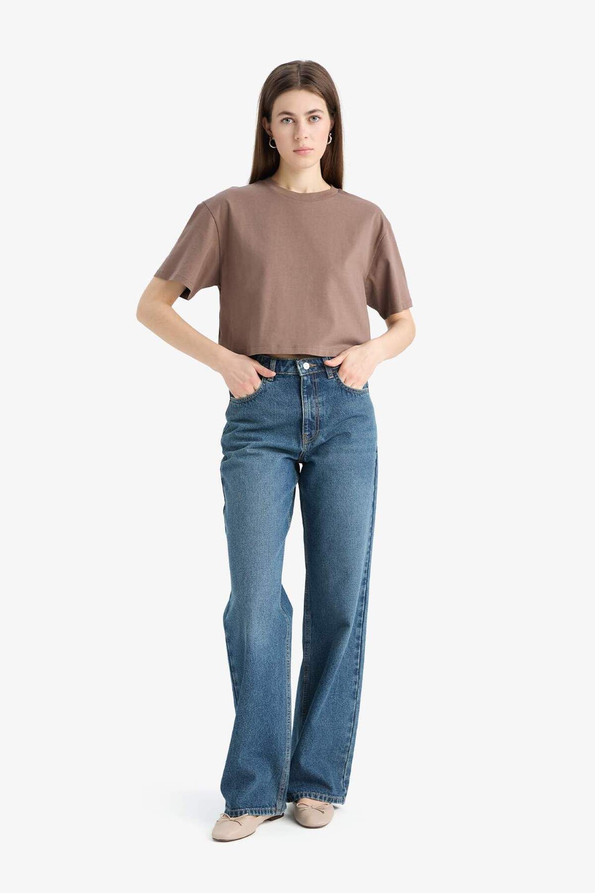 DeFacto-Boxy Fit Crew Neck Basic Plain Combed Cotton Short Sleeve T-Shirt C7459Ax25Sm 2