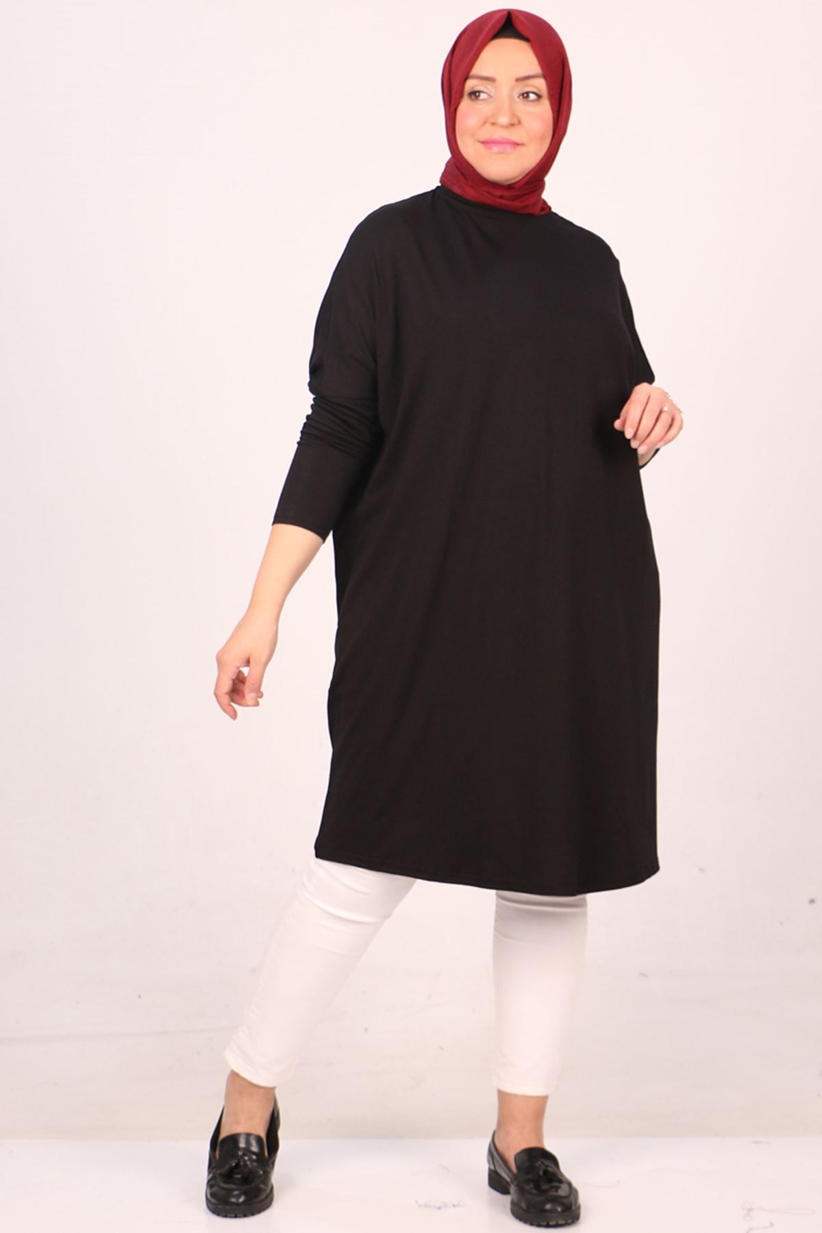 Eslina-28092 Large Size Low Sleeve Combed Cotton Tunic-black 2