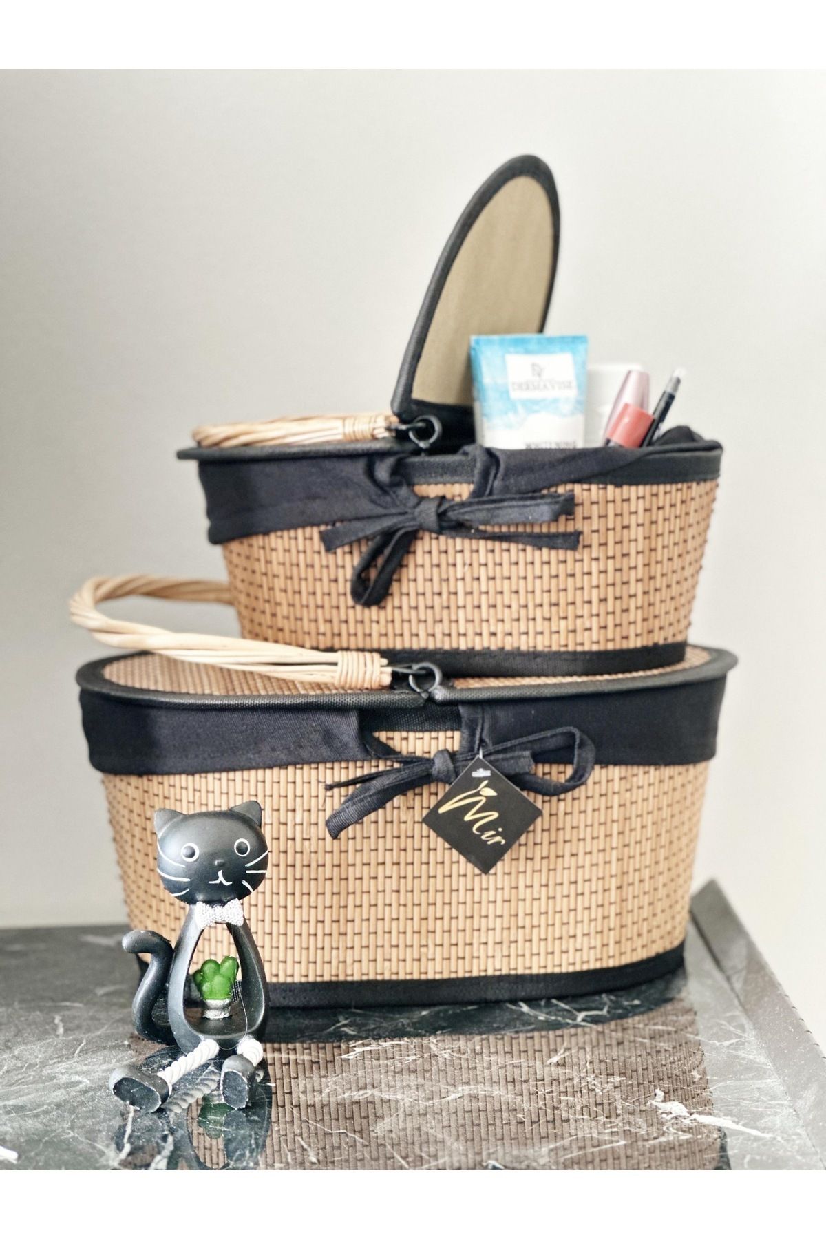 Kayra Stone-Wicker Basket, Set of 2, Organizer, Organizer, Kitchen Basket, Large 33*23cm Small 28-18cm 1