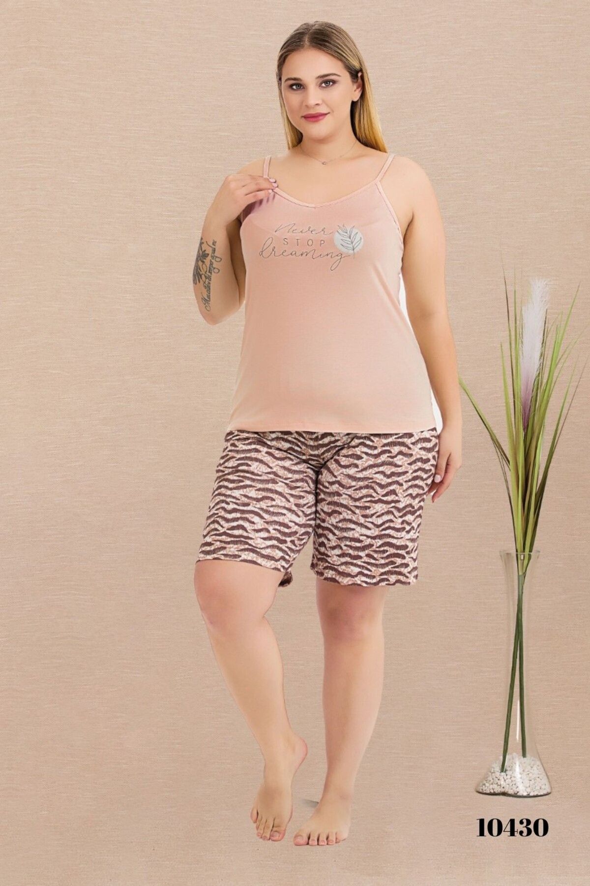 tarzımsüper-Plus Size Comfort Sleepwear Set with Bottom Top Shorts Patterned Double Cotton 2-Piece Bottom-Top Suit 1