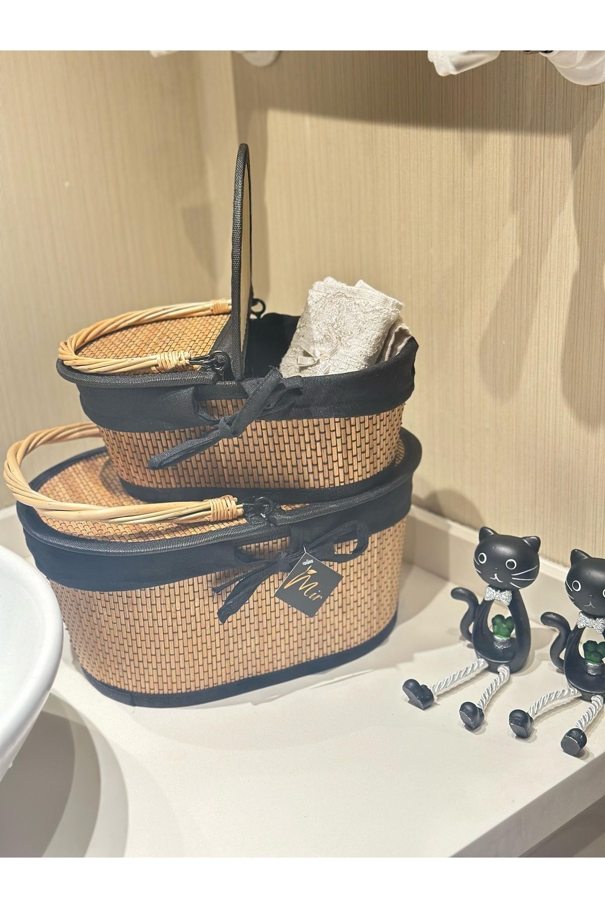 Kayra Stone-Wicker Basket, Set of 2, Organizer, Organizer, Kitchen Basket, Large 33*23cm Small 28-18cm 2