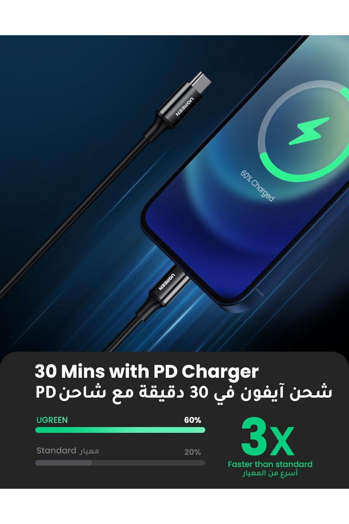Ugreen-USB-C to Lightning Charging Cable, 1 Meter, 2.4A, 20W PD, Compatible for iPhone, Black 2