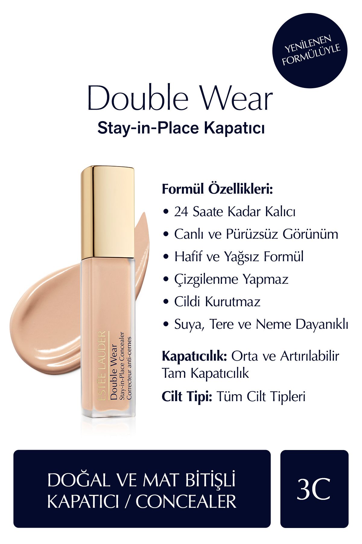 Kapatıcı - Double Wear Stay-in-place Concealer - Renk: 3c Medium (COOL) 12ml