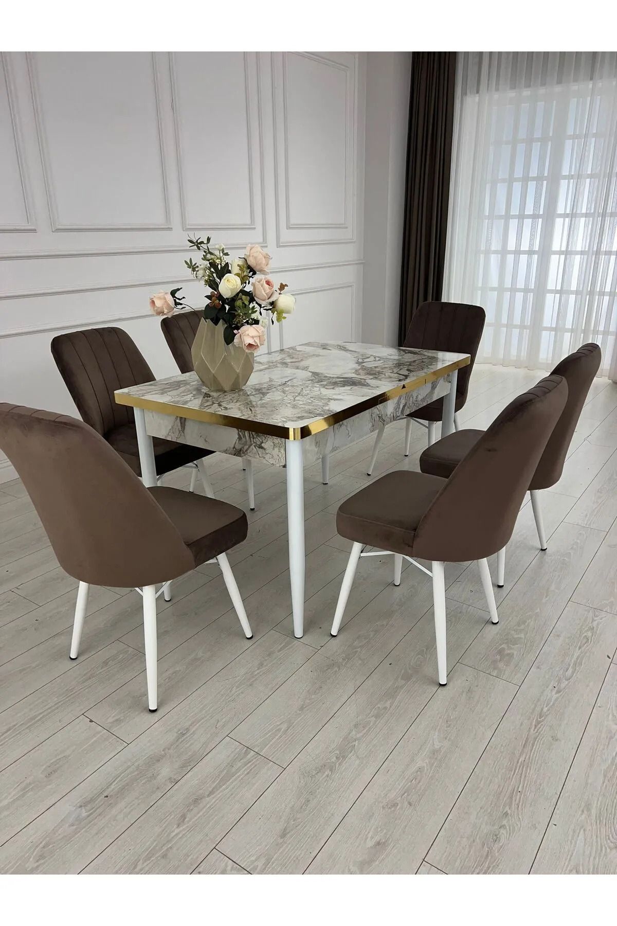 MEDA CONCEPT 6 Kişilik Açılabilir Yemek Masası Takımı Beyaz Mermer Gold Pvc