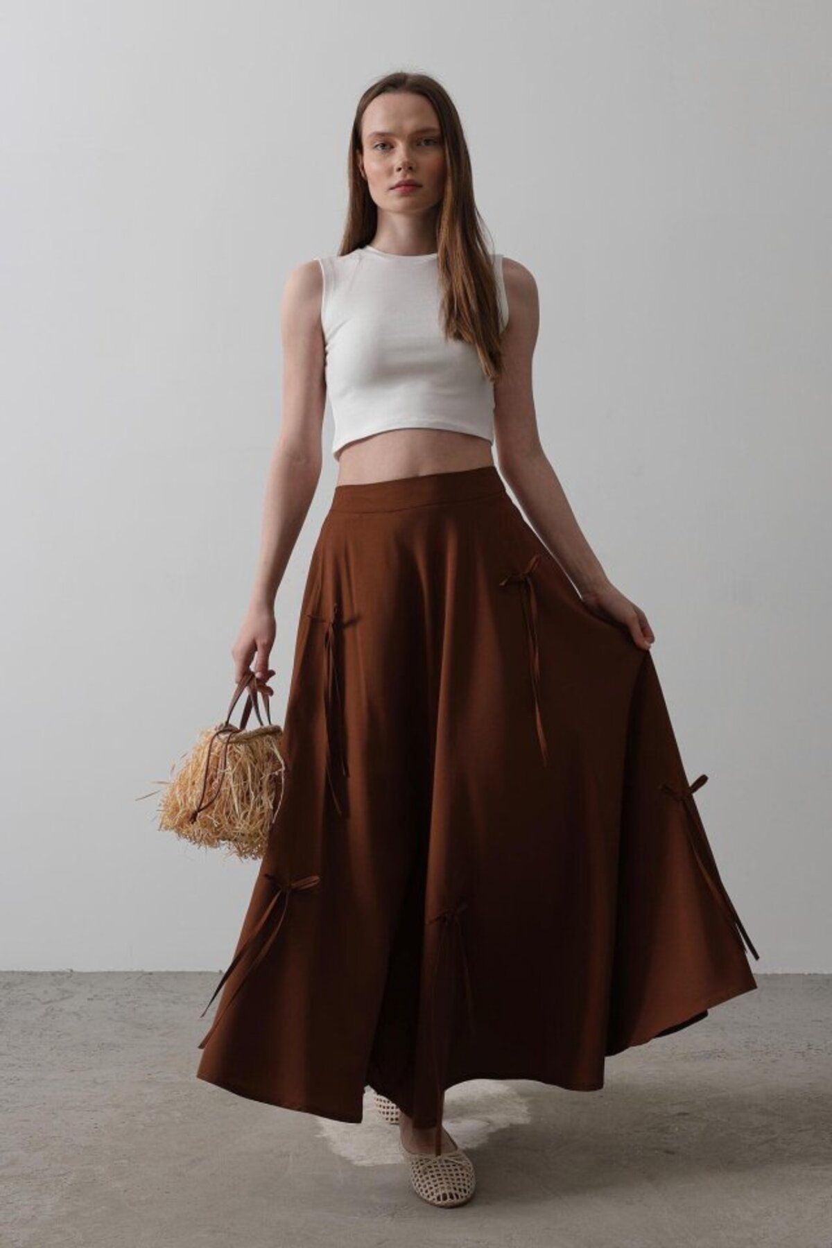 velmorafashion Fiyonk Kloş Etek - Kahve
