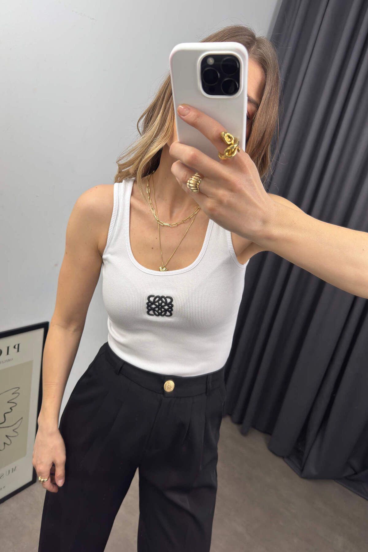 Sue Store White Corded Black Print Detailed Crew Neck Zero Sleeve Blouse