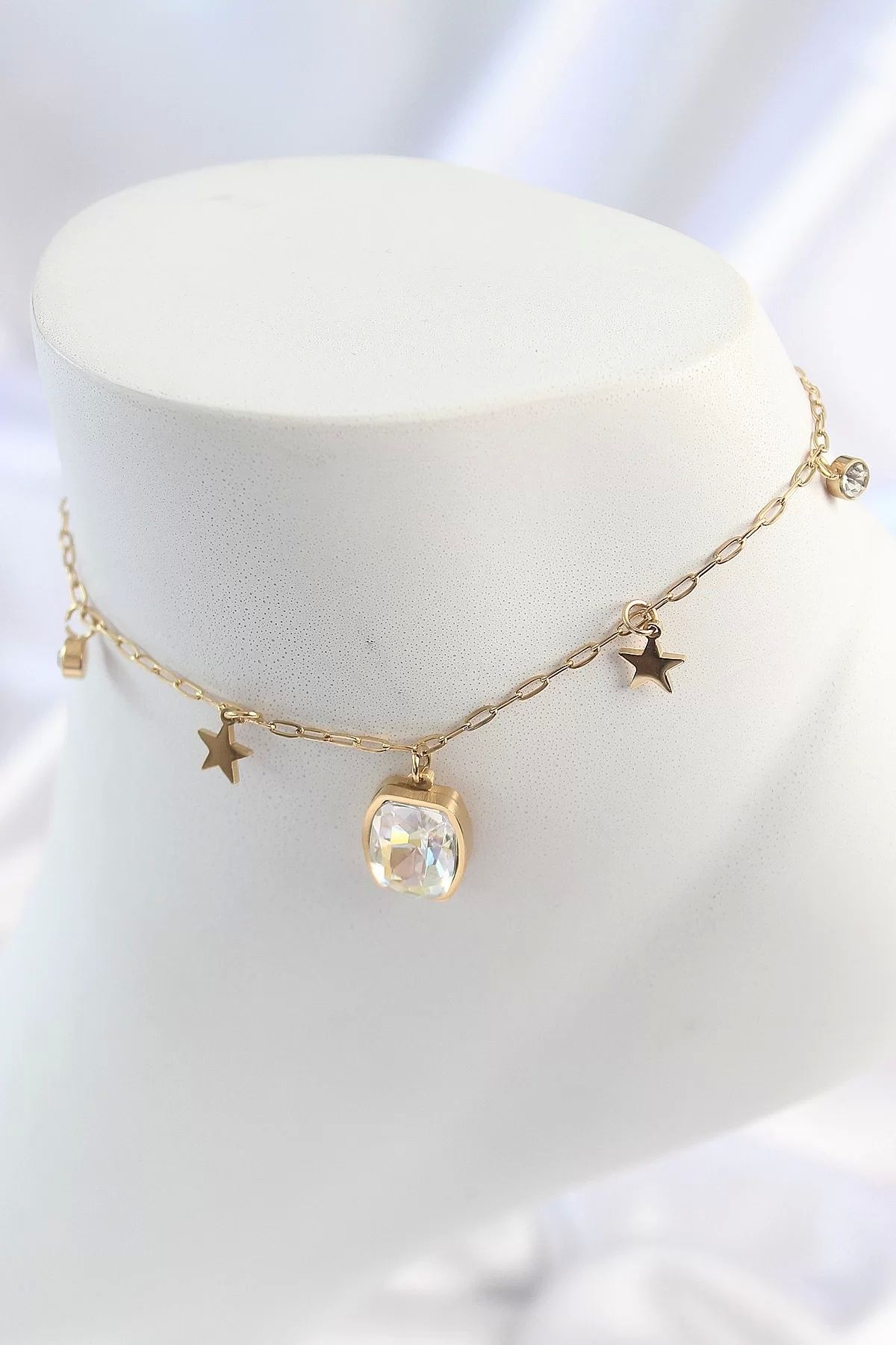 Clariss 316L Çelik Gold Renk Sallantı Kare Zirkon Taş Figür Yıldız Detay Kadın Halhal