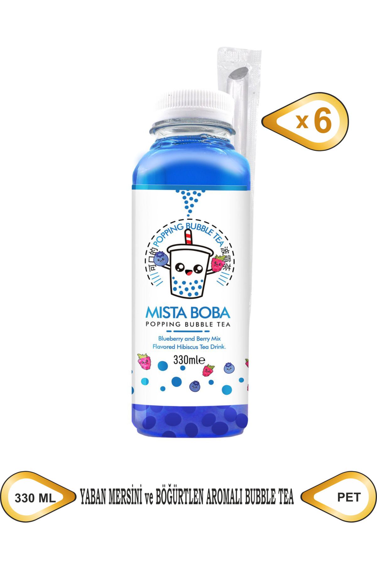 MISTA BOBA Yaban Mersini ve Böğürtlen Aromali Hibiskus Çayli Bubble Tea 330ML 6'lı Paket