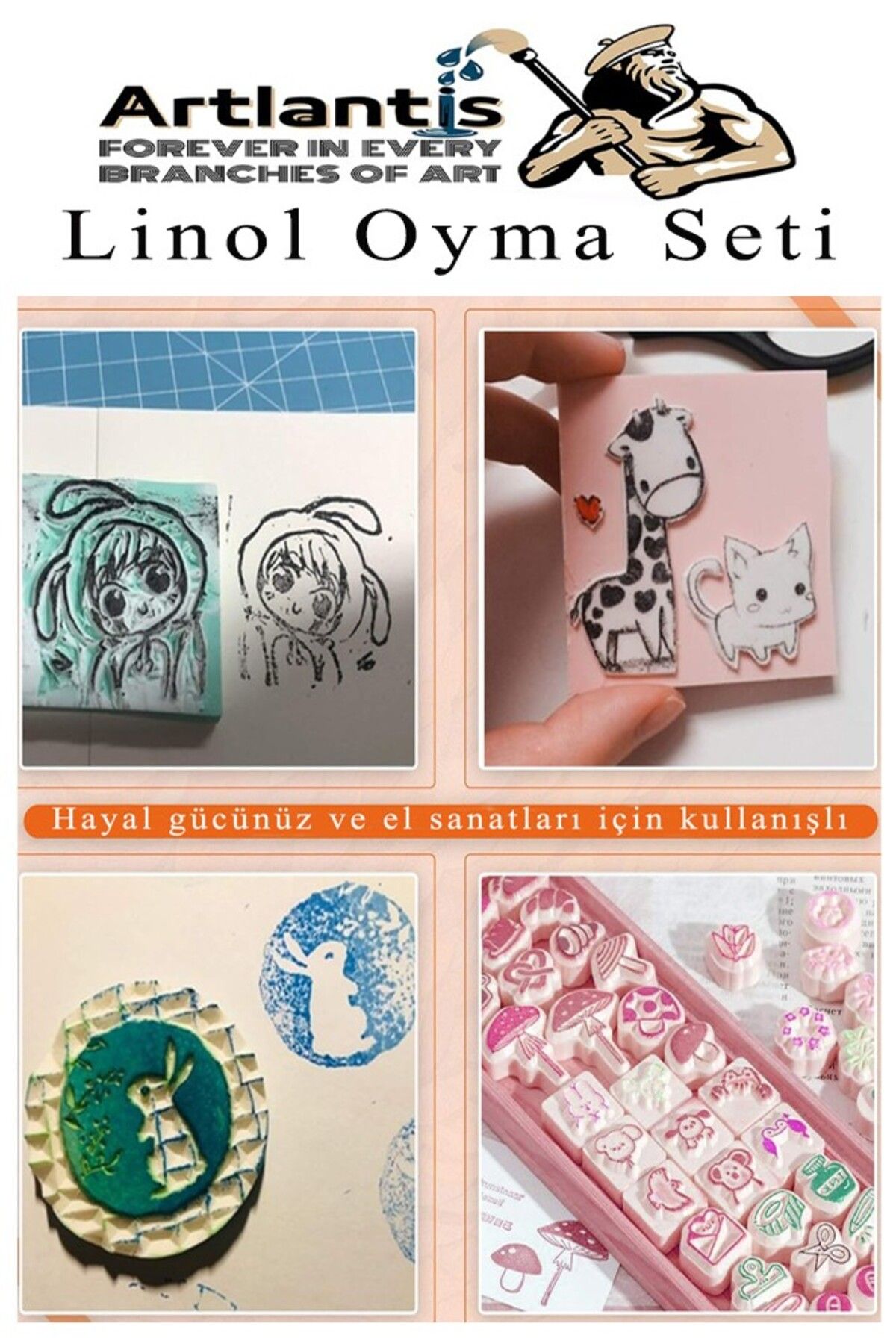 Linol Baskı Seti 1 Paket A4 20x30 Linolyum Tabaka Gri Linol Oyma Seti 3 Bıçaklı Kretuar Rulo Fırça M - 7