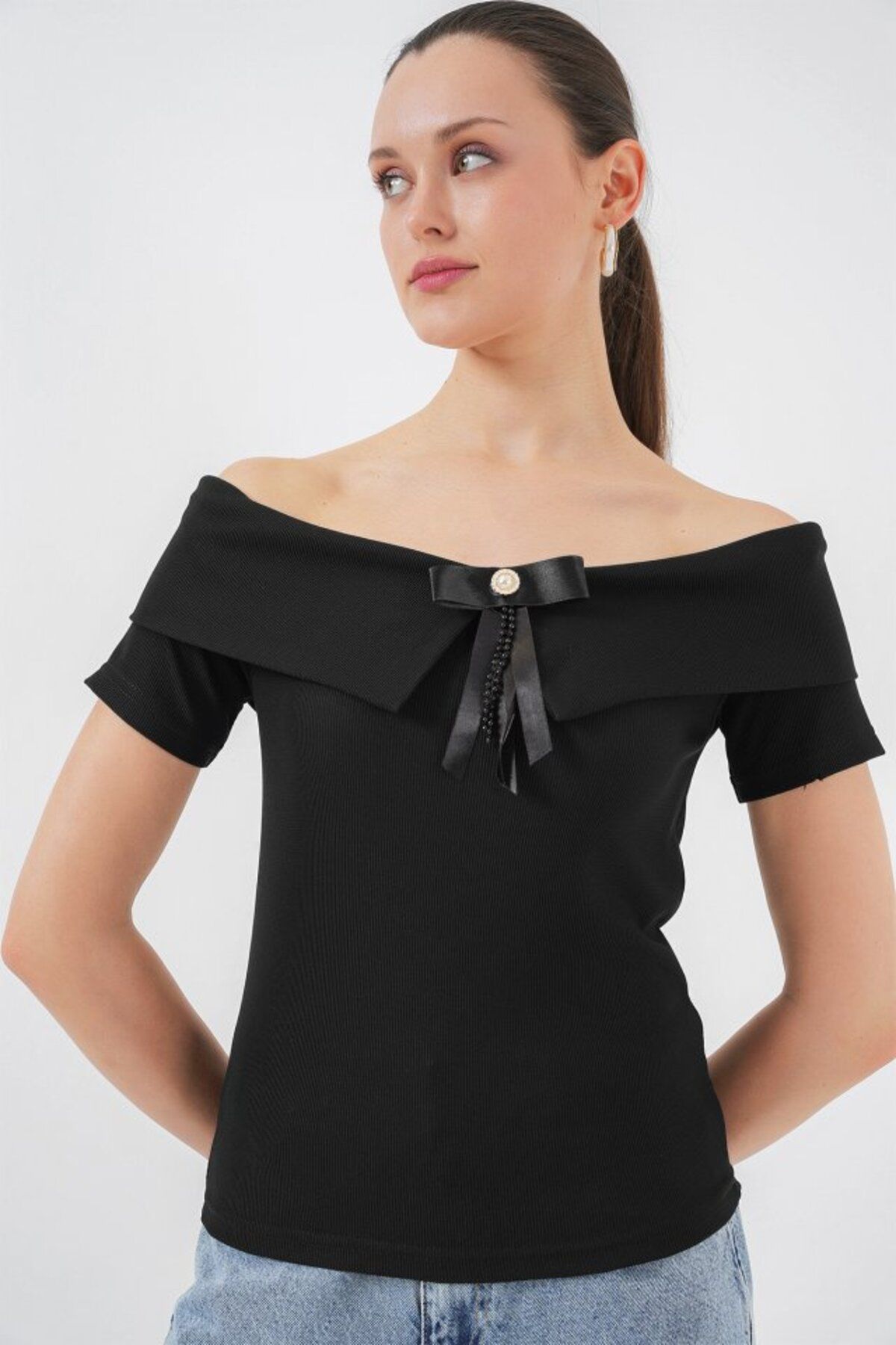1001moda Kurdele Detaylı Örme Bluz 949 - Siyah
