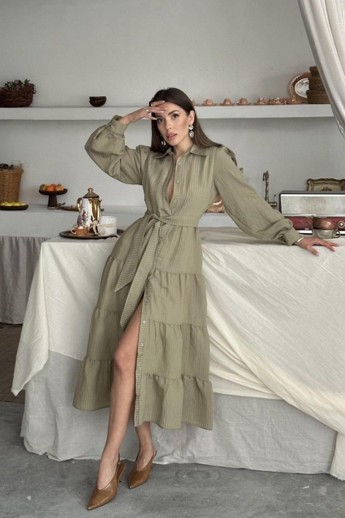 velmorafashion Çağla Çizgi Desenli Uzun Elbise