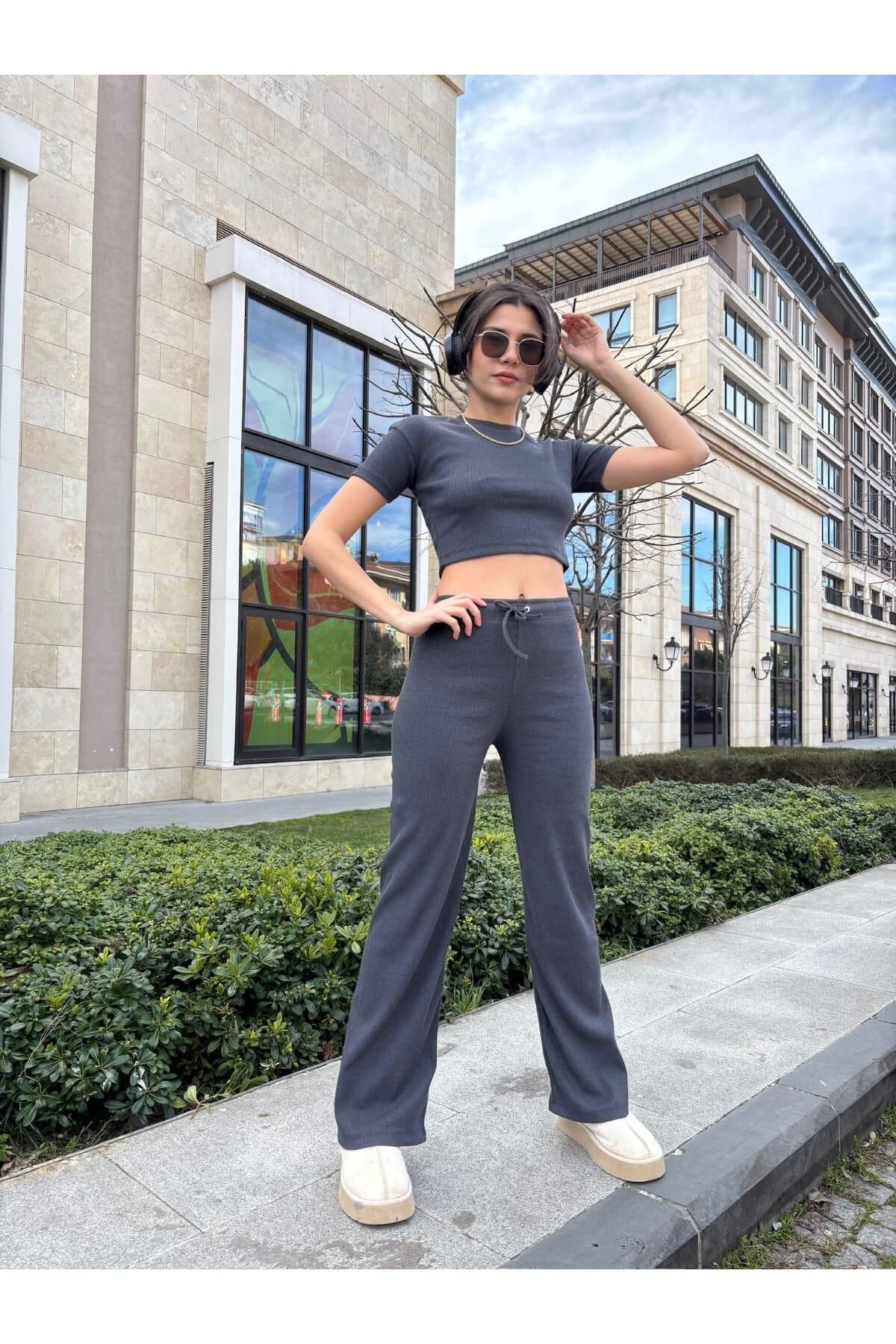 şıklık durağı-Camisole Woven Cotton Crew Neck Short Sleeve Crop Blouse & Wide Leg High Waist 2-Piece Bottom Top Set 1