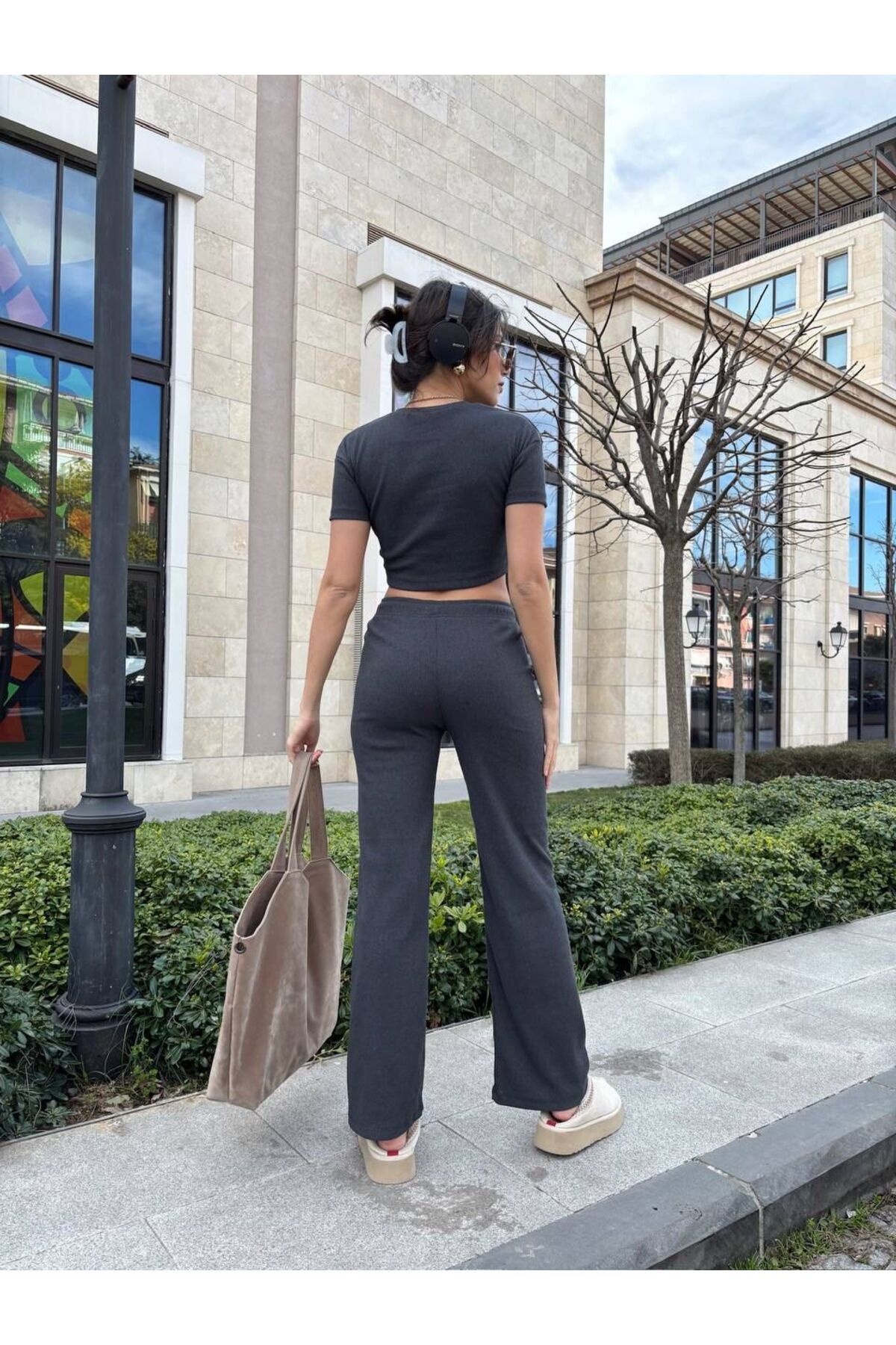 şıklık durağı-Camisole Woven Cotton Crew Neck Short Sleeve Crop Blouse & Wide Leg High Waist 2-Piece Bottom Top Set 4