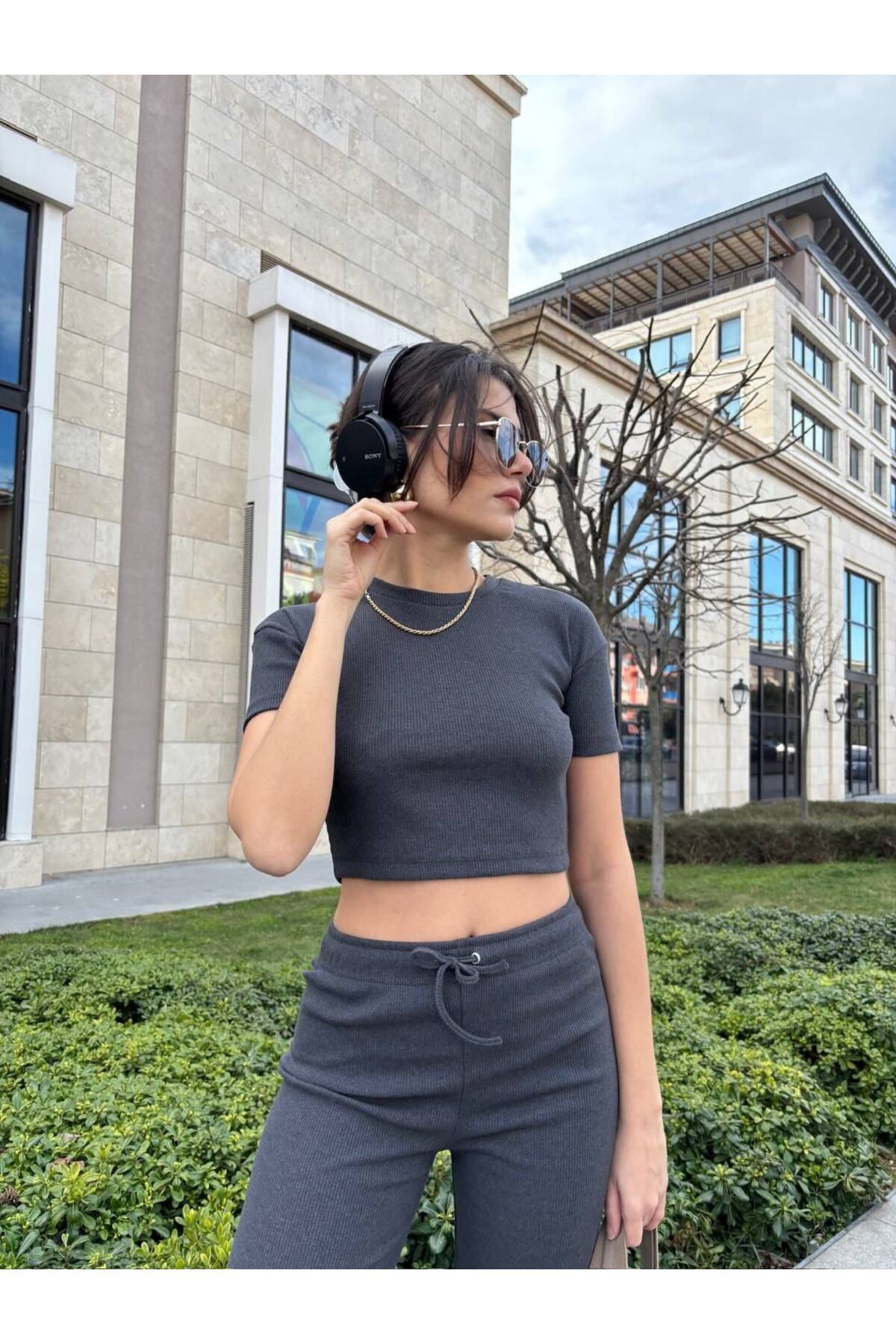 şıklık durağı-Camisole Woven Cotton Crew Neck Short Sleeve Crop Blouse & Wide Leg High Waist 2-Piece Bottom Top Set 3