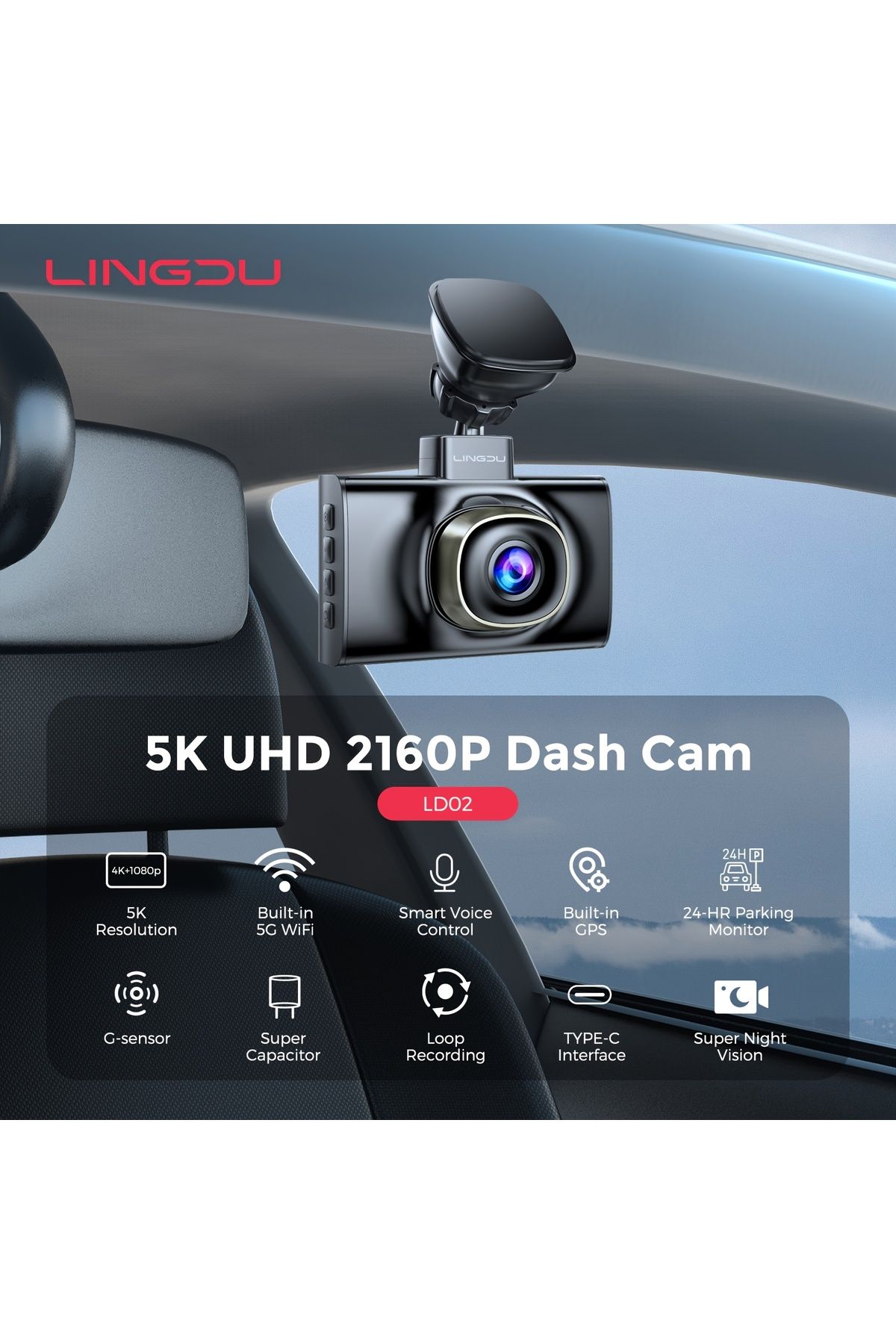 ROCKCAMEL-LD02 4K+2K UHD Driving Recorder, Includes 64GB TF Card, Built-In WiFi 8