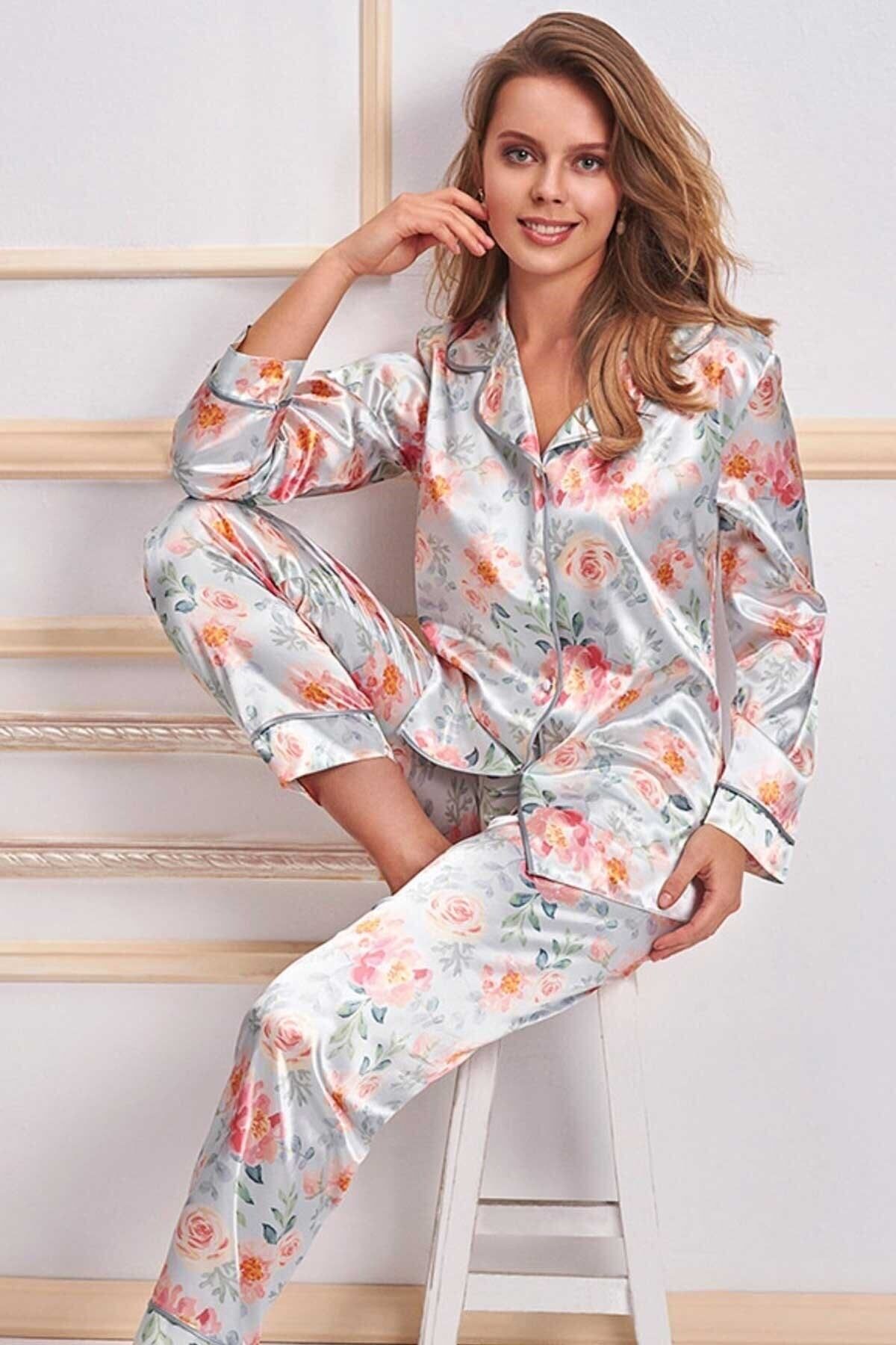 mdm style Kadın Gömlek Pijama Takımı Saten Çiçekli