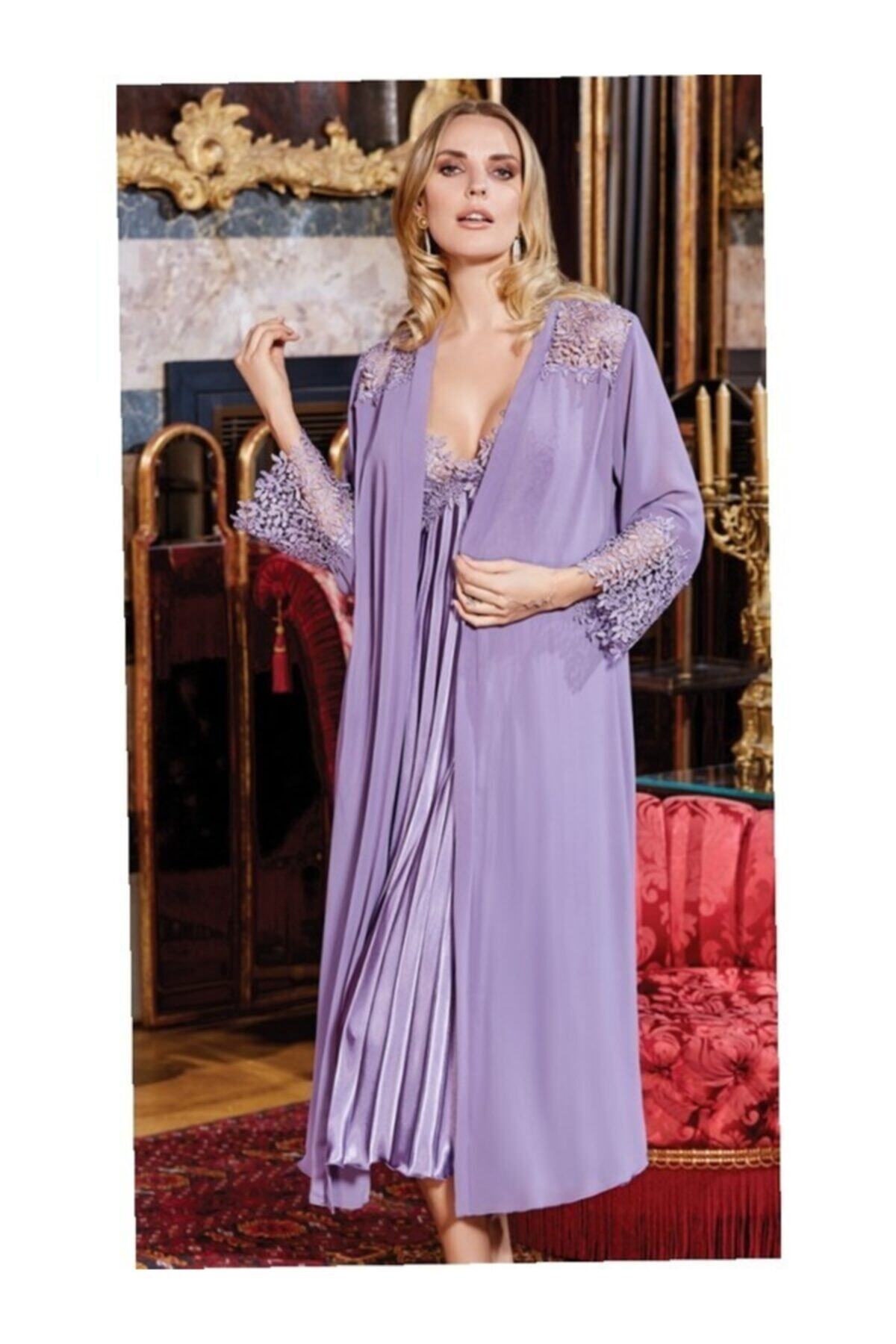 Alissa 627 Ipek Saten 6 Parça Dantelli Gecelik Sabahlık Takım Pudra