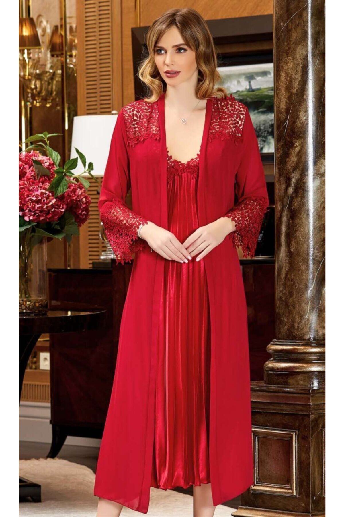 Alissa KAdın Bordo Çeyizlik Ipek Saten Dantelli Uzun Altılı Takım - 627