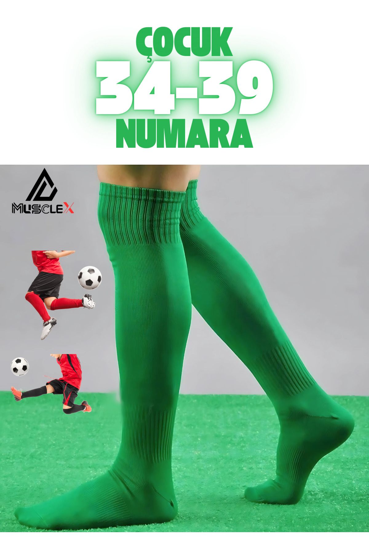 Musclex Spor Tekstil Yeşil Çocuk Futbol Maç Çorabı 34-39 Futbol Tozluk Futbol Halı Saha Çorabı Konç Uzun Çorap Msc067