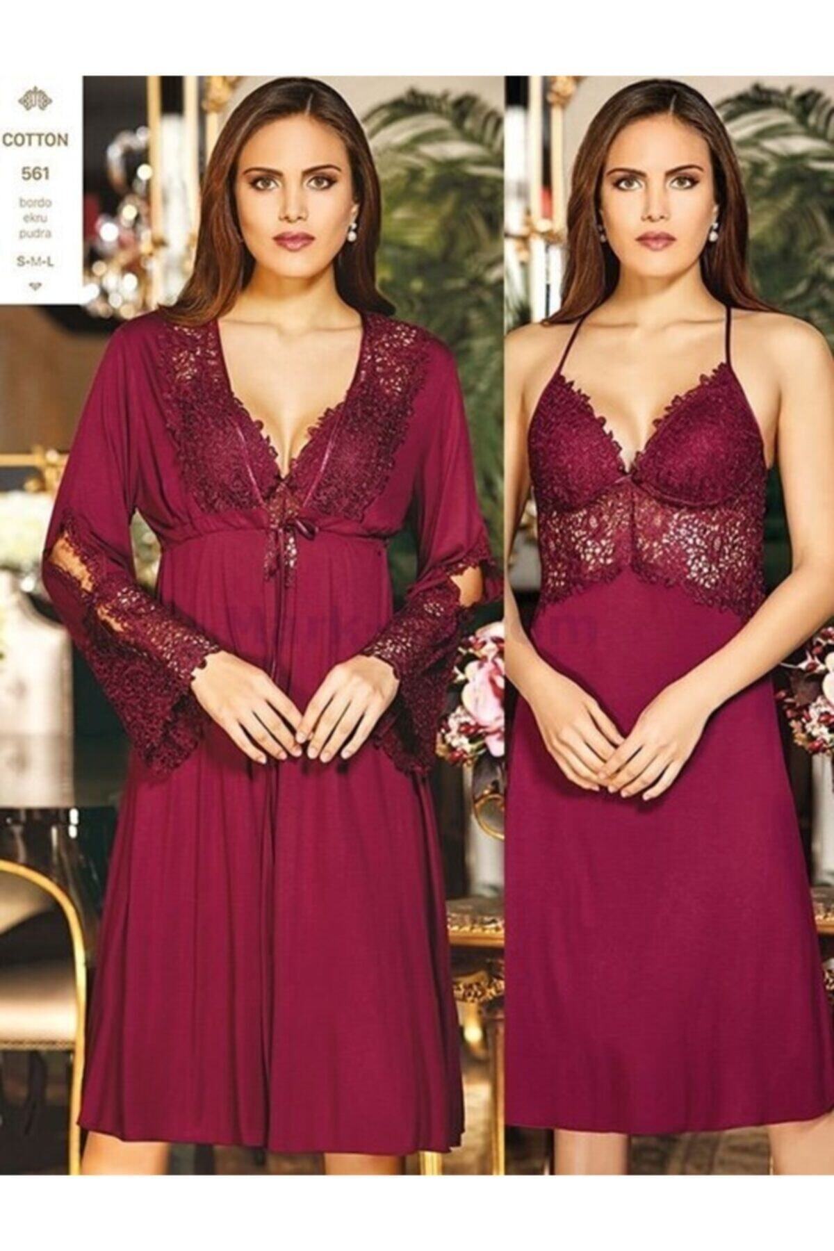 Alissa 561 Koton 6 Parça Dantelli Gecelik Sabahlık Takım Pudra