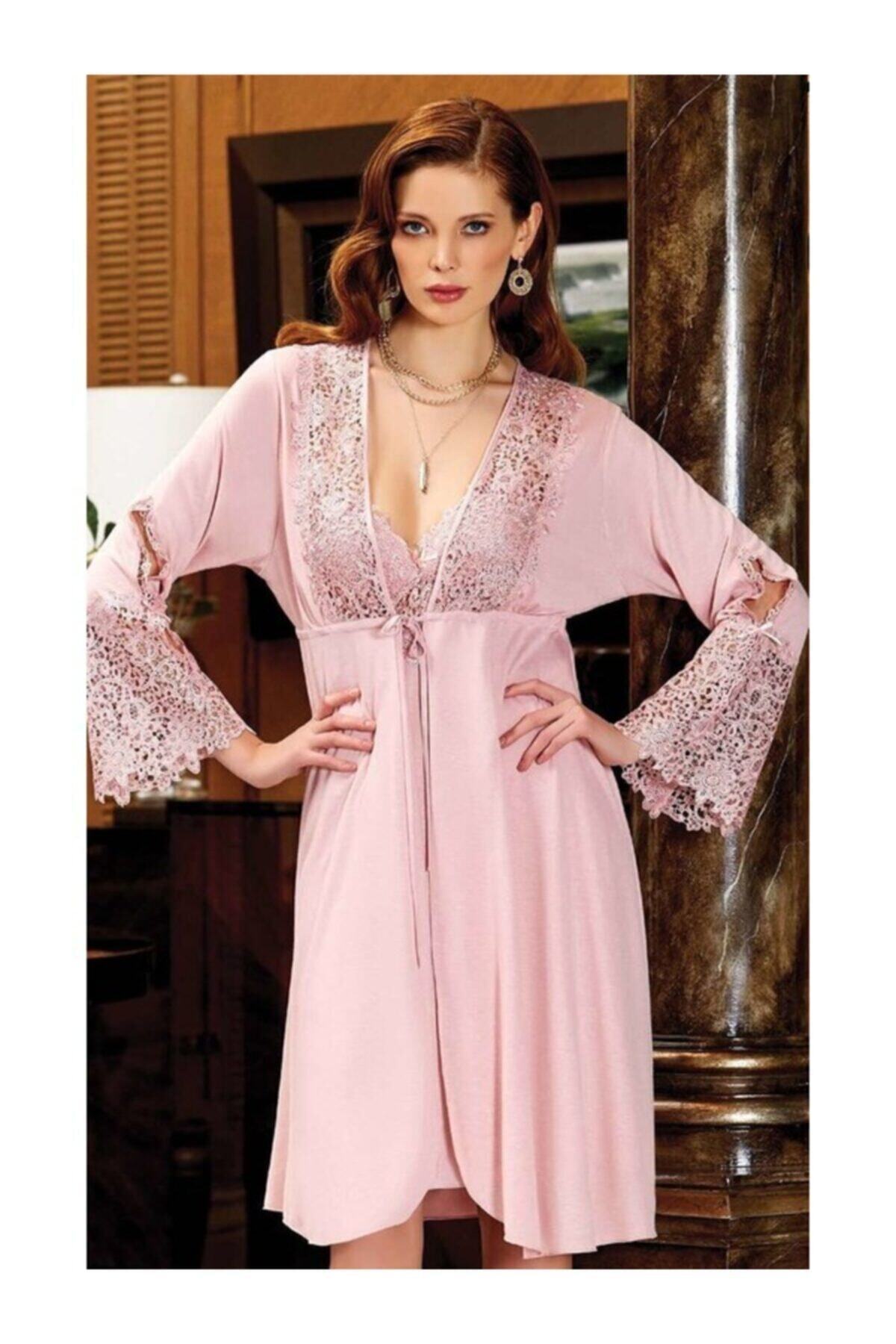 Alissa 561 Koton Ekru 6 Parça Dantelli 3xl Beden Gecelik Sabahlık Takım