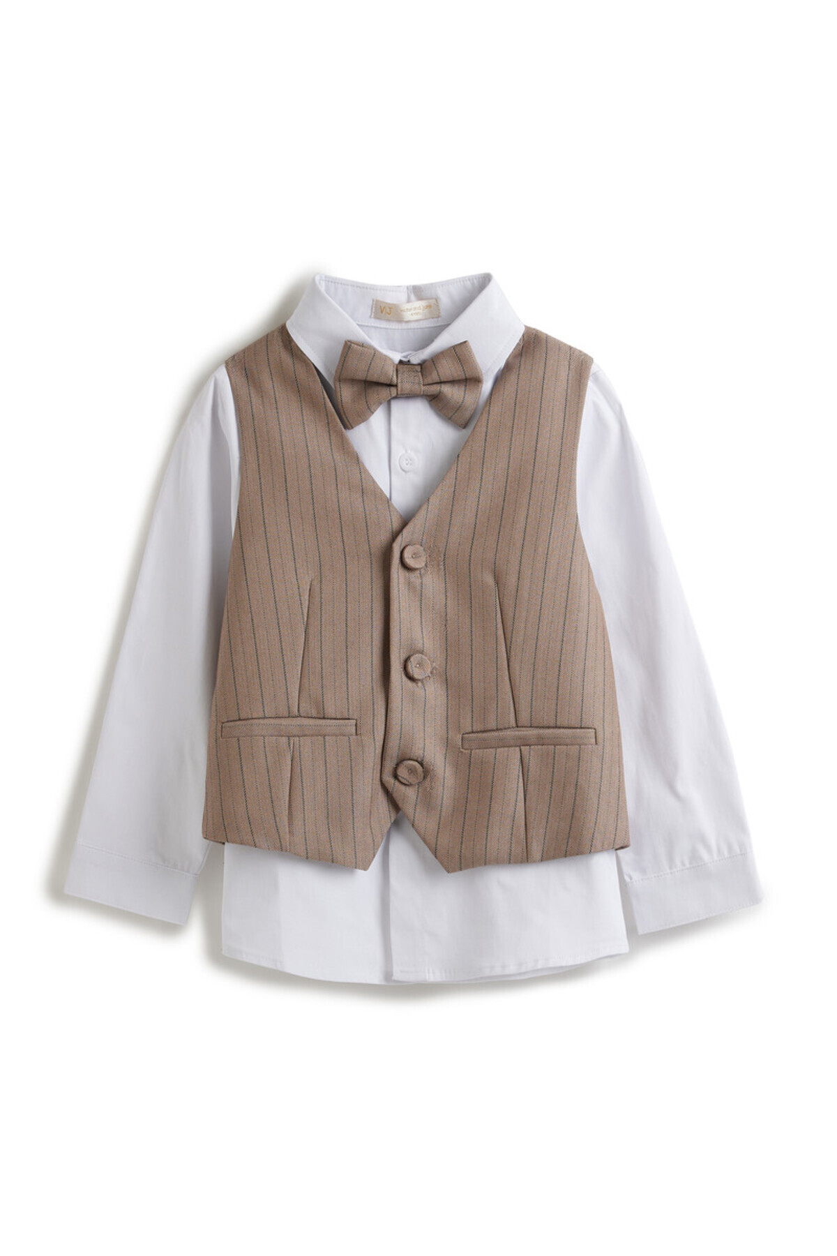 Victor and Jane-Stripe Beige Waistcoat And Pant Set With Shirt And Bow Tie 3