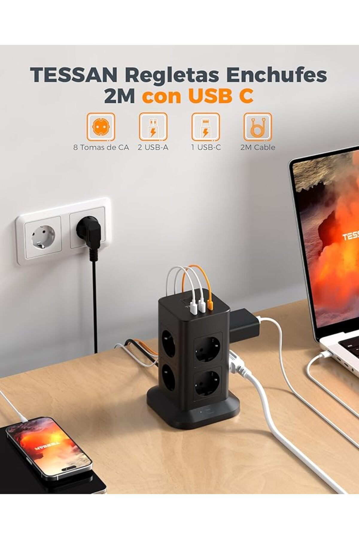 TESSAN Akım Korumalı 8'li 2 Metre Type C ve Usb'li Grup Priz Siyah