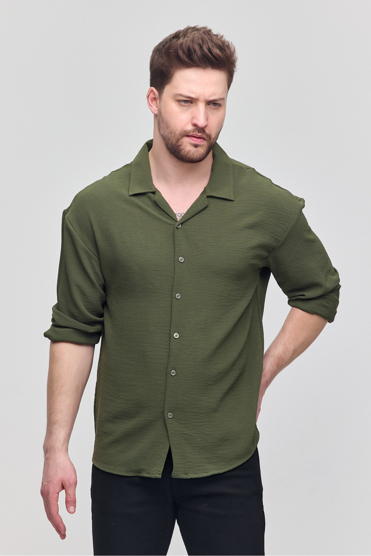 COMBİNE MİCHAİL-Men's Oversize Shirt Collar Long Sleeve Linen Look Summer Shirt 3