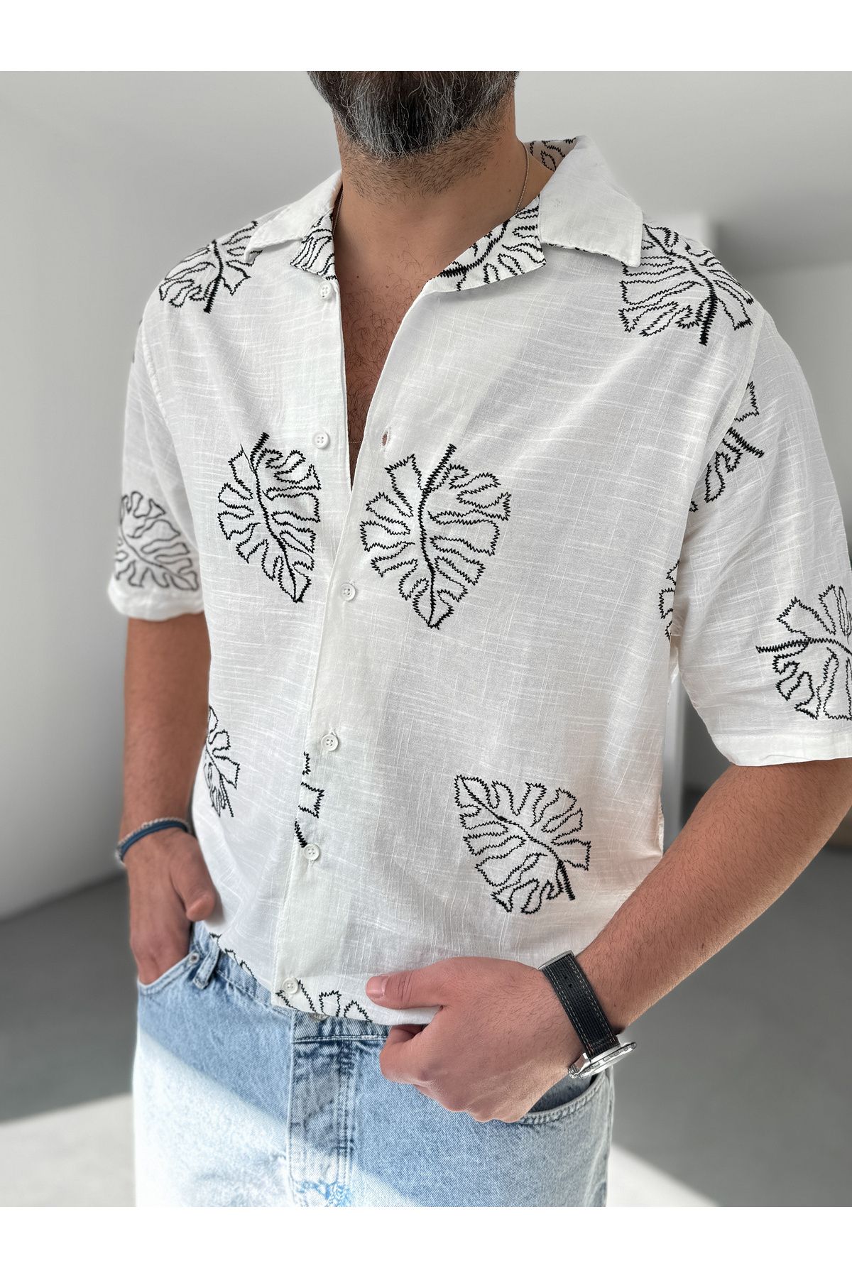BYBASICMAN-White Leaf Embroidered Shirt G-5444 4