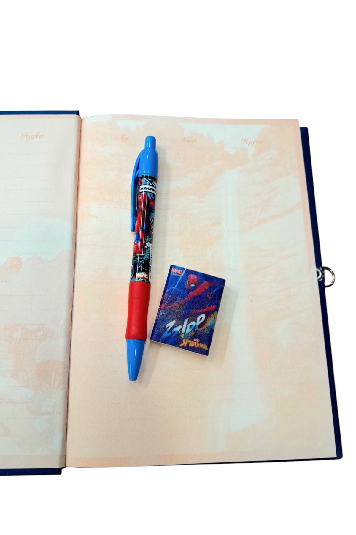 ÇİLEKHOMEAVM-Spiderman Character Locked Souvenir Daily Memory Notebook -Versatile Pen-Eraser Set 3