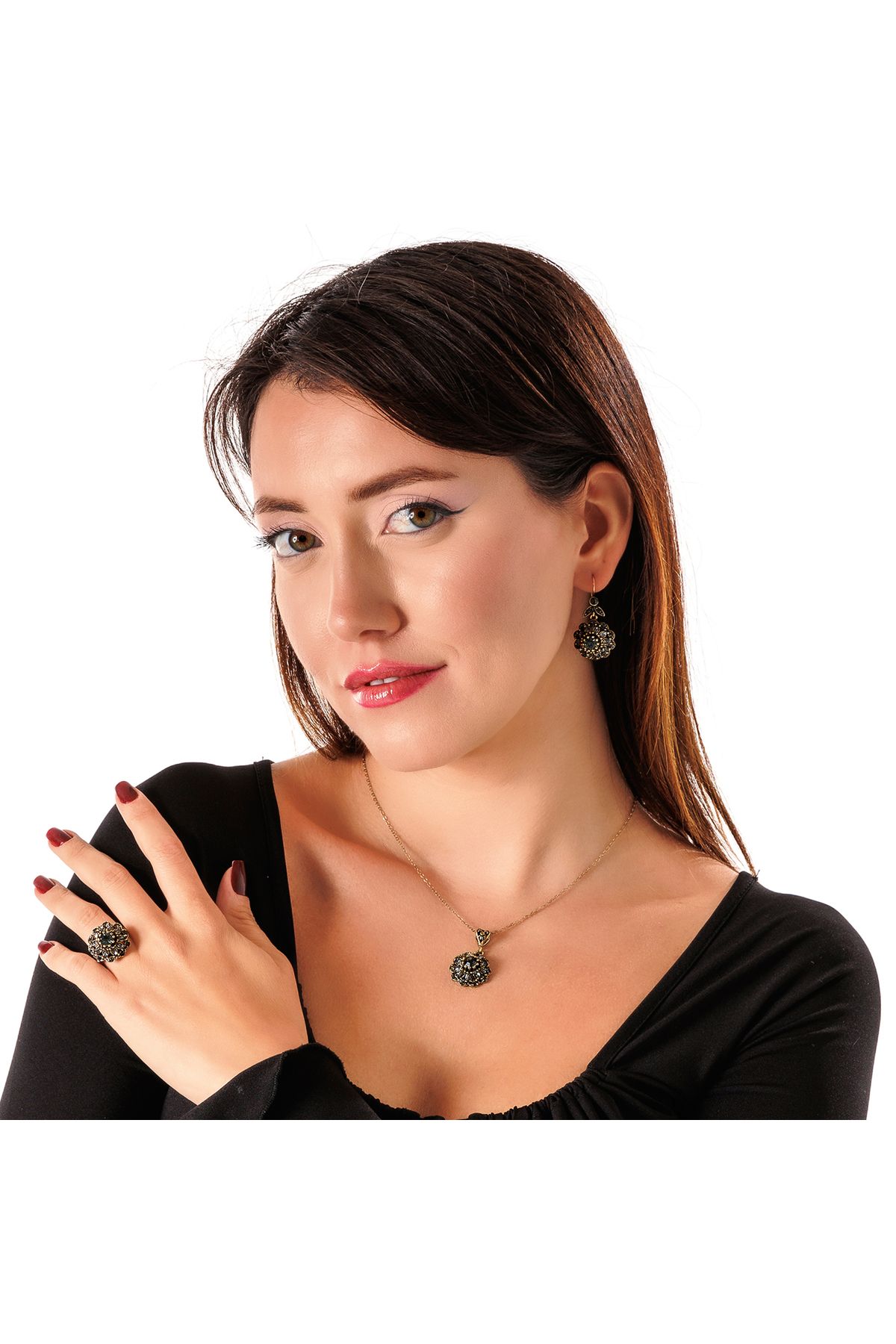 Atelier LEO Handmade Jewellery SULTAN TACI ANTRASİT TAKIM YÜZÜK NO:5 BAKIR EL YAPIMI KARARMA YAPMAZ KADIN TAKI SETİ