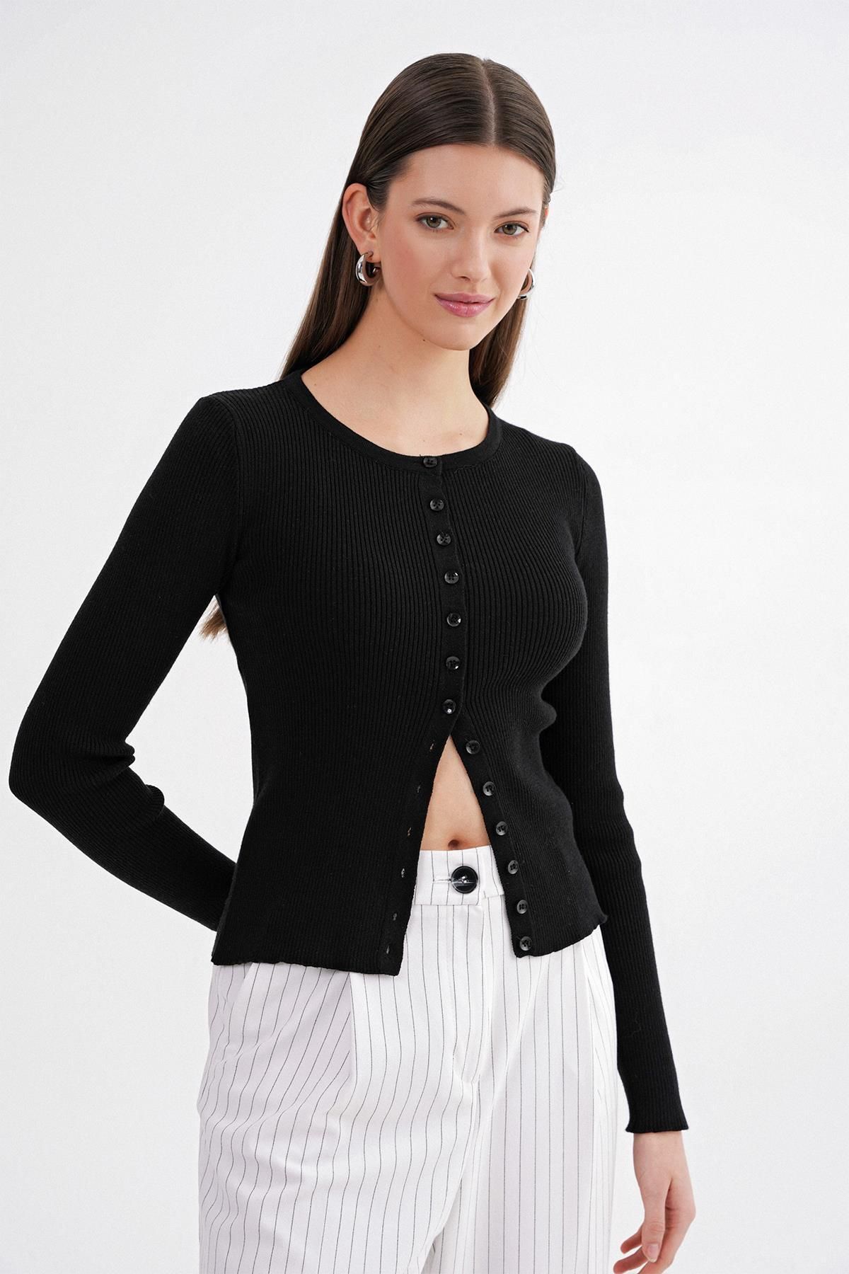 Mixray-6931 سترة صوفية نسائية مضلعة بأزرار باللون الأسود 3