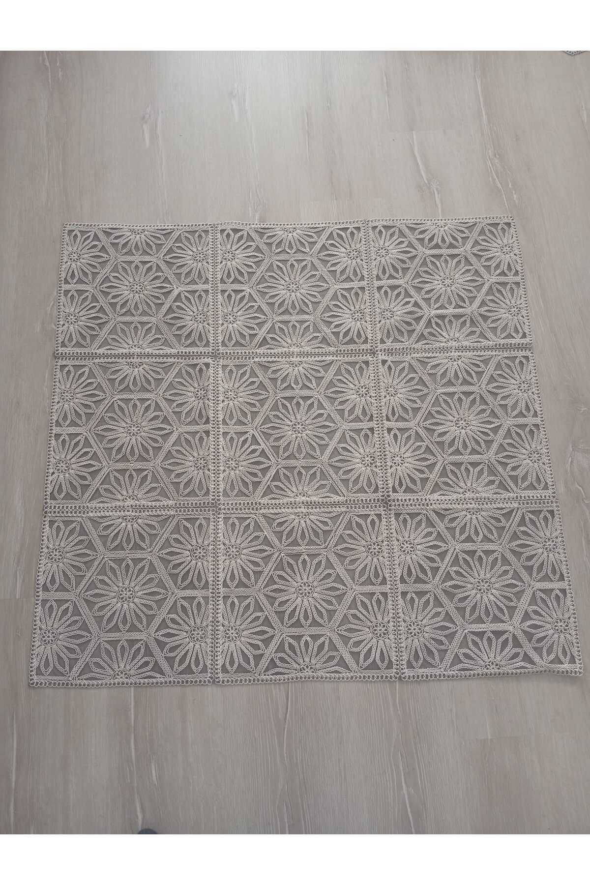 Butik Fransız Dantel Zemini Siyah Tül Tek Fiskos 90x90cm Güneş Desenli Sehpa Örtüsü Fiskos