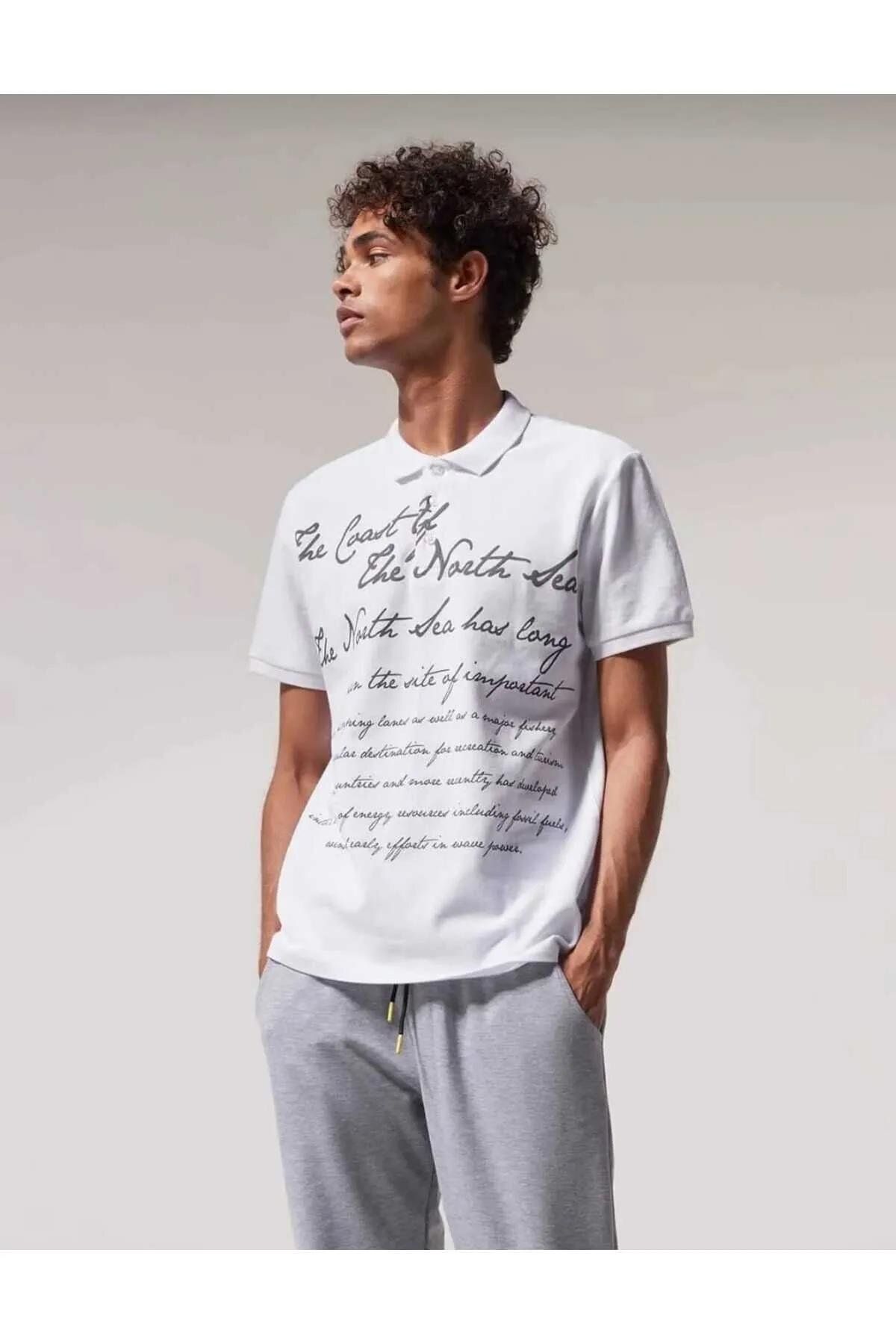 CassidoShoes-White Button Collar Detailed Text Printed Men's Polo T-Shirt 3