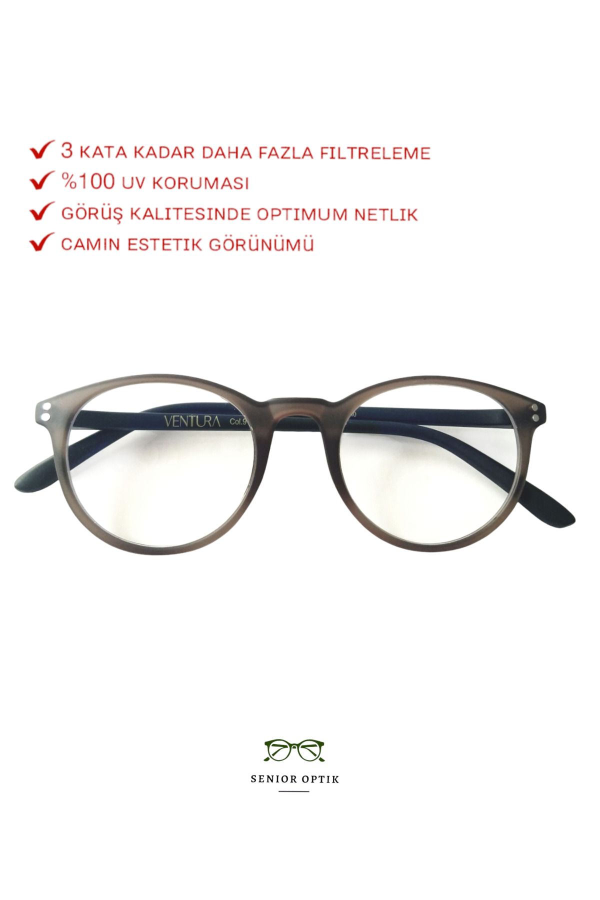 VENTURA Mavi Işık Korumalı Gözlük Essilor Marka Cam Mavi Işık Filtreli Ekran Gözlüğü 1031 C9 Füme