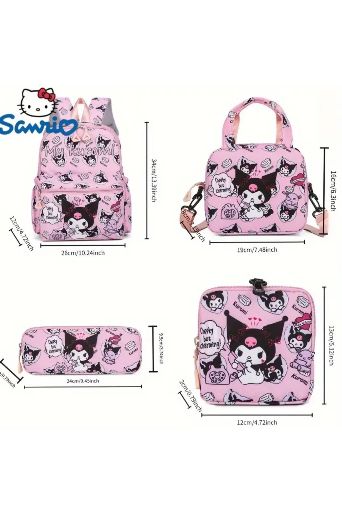 کیف مدرسه زنانه مجموعه کوله پشتی کاراکتر 4 قطعه SANRIO KUROMI دستی تغذیه و خانه مداد So Iconic
