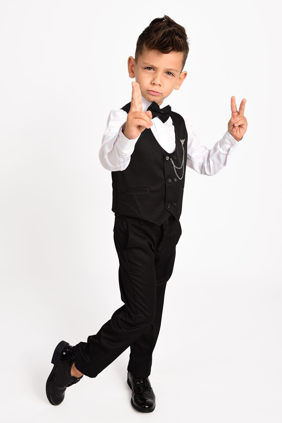 Merdia Kids-Costum smoking pentru băieți, vestă cu 6 nasturi, cu papion și lanț 3