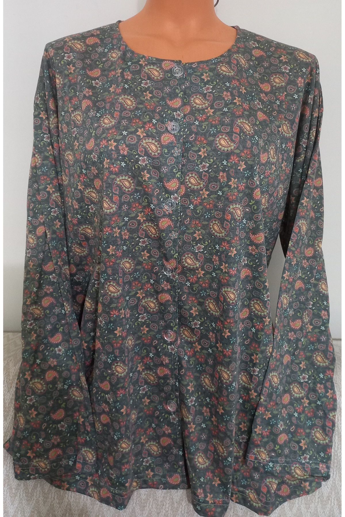 Anne-Er Clothing Mother Summer Combed Cotton Blouse Button-Down Print Green Floral 5