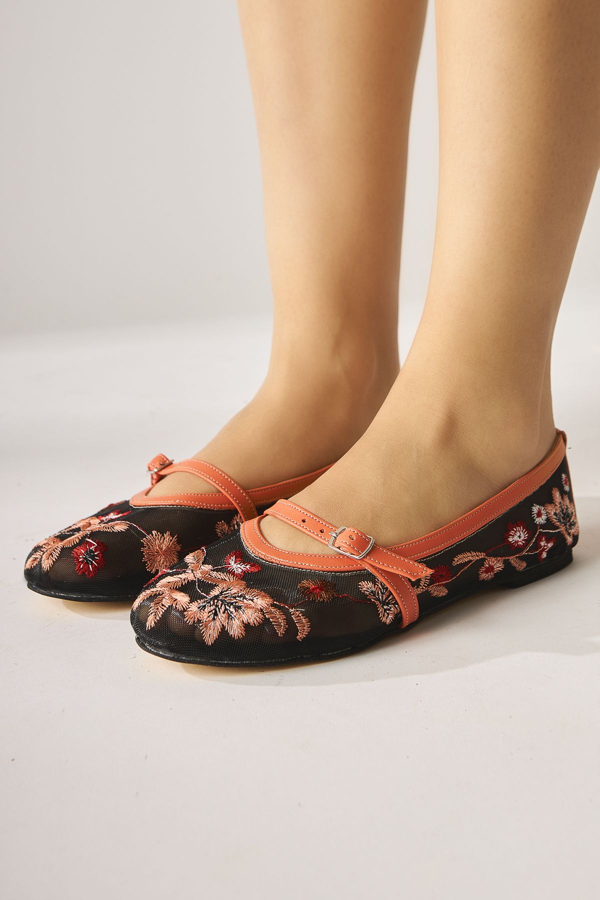 Limoya-Jolin Orange Embroidered Buckle Women's Ballerinas 7