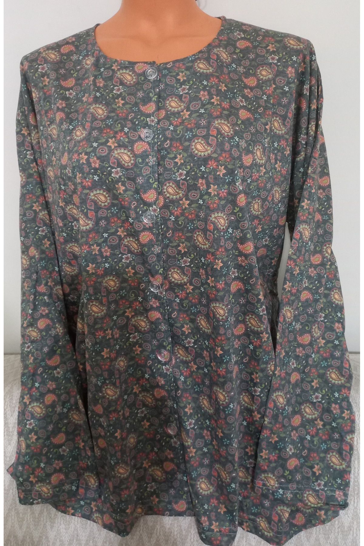 Anne-Er Clothing Mother Summer Combed Cotton Blouse Button-Down Print Green Floral 4