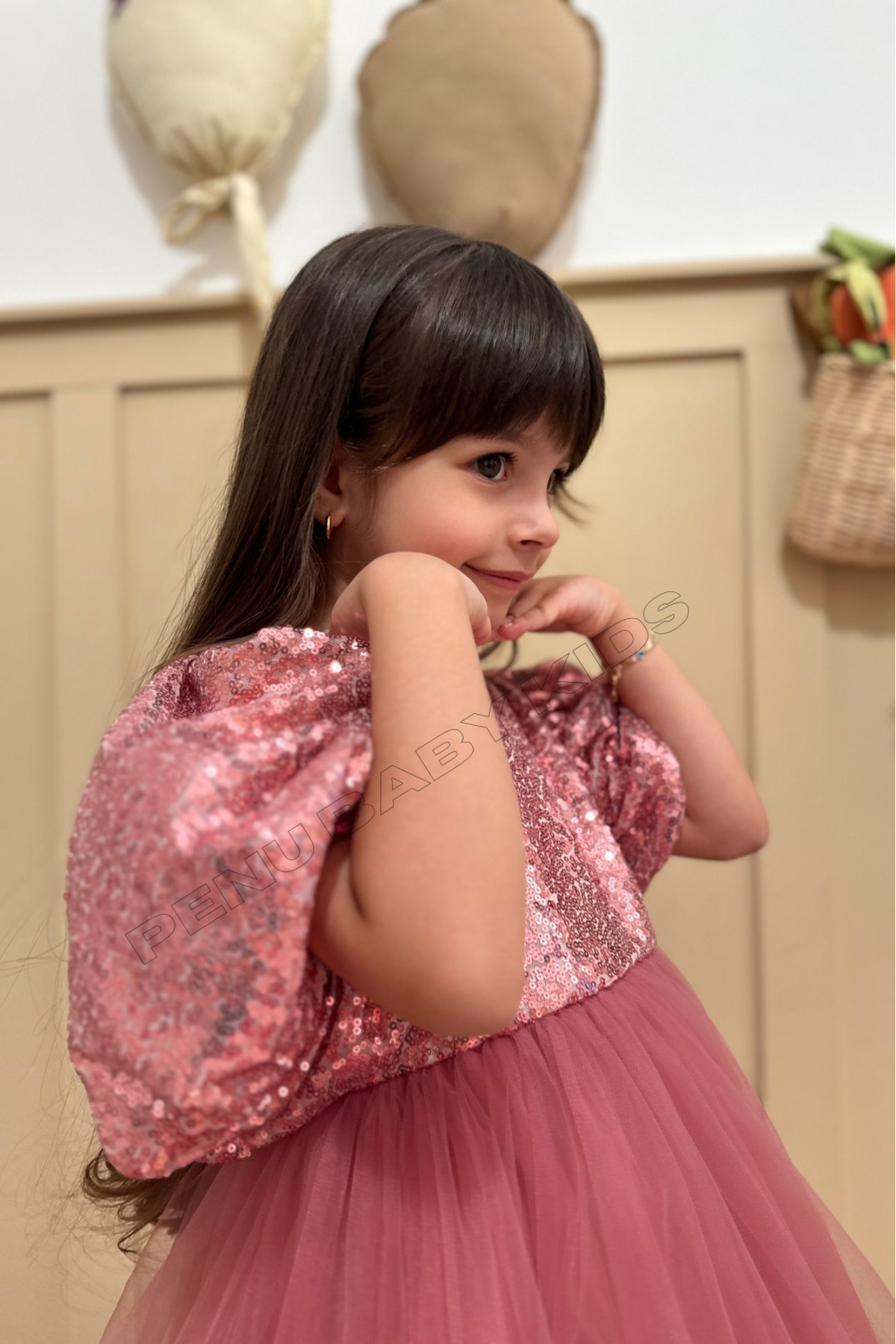 penu baby kids Gül Kurusu Payetli Balon Kollu Grenli Tül Etek Ucu Fırfırlı Kız Bebek & Kız Çocuk Elbise - Terr fotoğrafı 7 (önizleme)