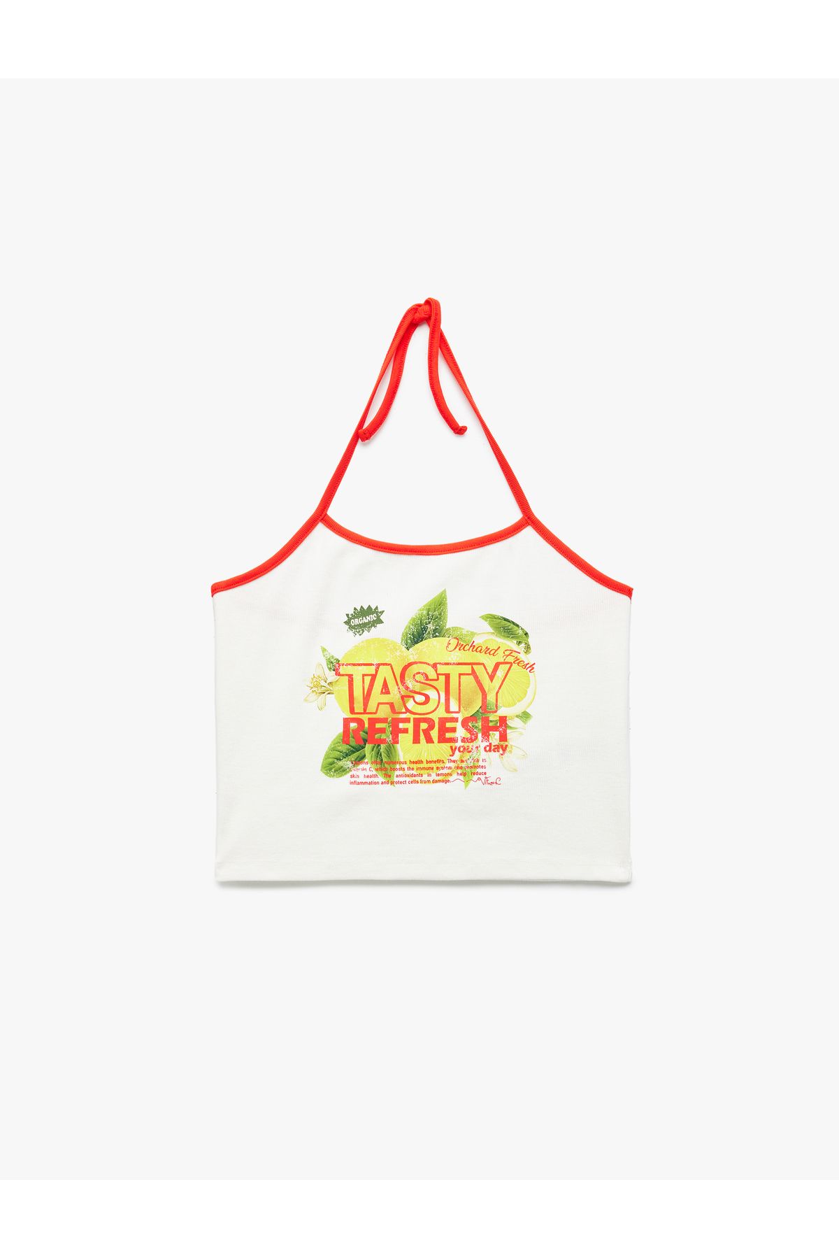 Koton Yeni Sezon Pamuklu Kolsuz Baskılı Bağcıklı Crop Dar Kesim Halter Yaka Bluz