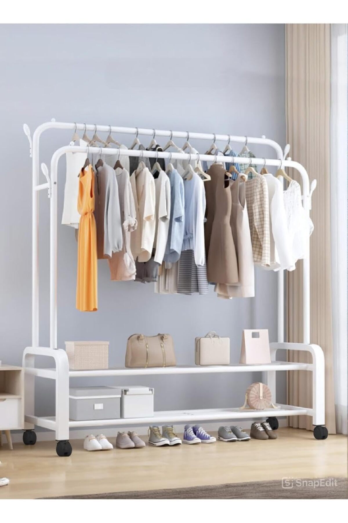 منظم علاقة ملابس معدن وحامل ملابس أبيض بعجلات 110x55x150 سم
