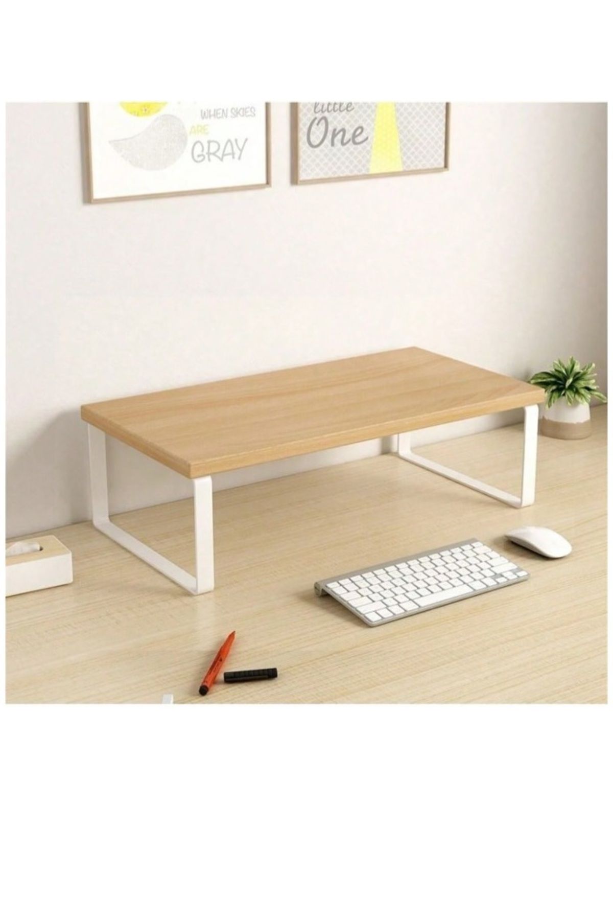 Generic-Natural Wood Color Computer Monitor Stand,Assemblable,Wooden Desk Shelf ,Metal Legs Closed 50*20cm 2