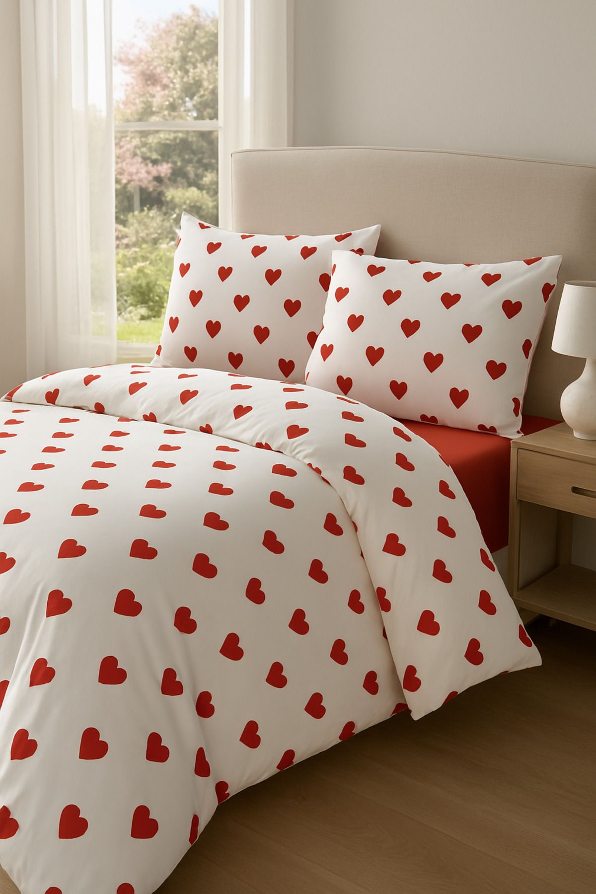 GARDEN ROOM-Double Duvet Cover & 2 Pillowcase Set Red Heart Pattern / No Sheets 1
